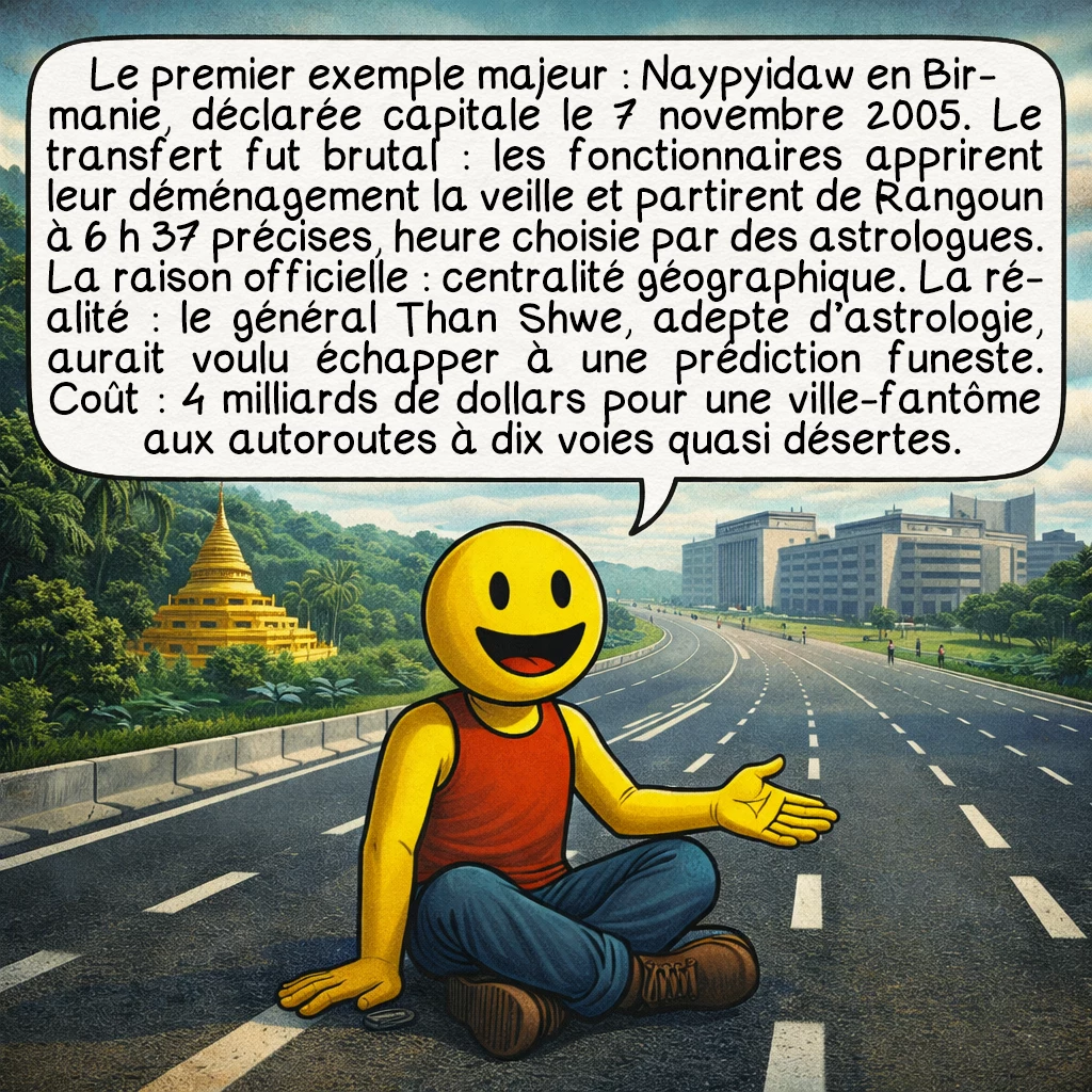 Les nouvelles capitales, case 2 : Le premier exemple majeur : Naypyidaw en Birmanie, déclarée capitale le 7 novembre 2005. Le transfert fut brutal : les fonctionnaires apprirent leur déménagement la veille et partirent de Rangoun à 6 h 37 précises, heure choisie par des astrologues. La raison officielle : centralité géographique. La réalité : le général Than Shwe, adepte d’astrologie, aurait voulu échapper à une prédiction funeste. Coût : 4 milliards de dollars pour une ville-fantôme aux autoroutes à dix voies quasi désertes.