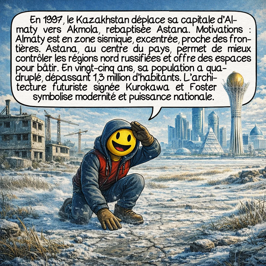 Les nouvelles capitales, case 3 : En 1997, le Kazakhstan déplace sa capitale d’Almaty vers Akmola, rebaptisée Astana. Motivations : Almaty est en zone sismique, excentrée, proche des frontières. Astana, au centre du pays, permet de mieux contrôler les régions nord russifiées et offre des espaces pour bâtir. En vingt-cinq ans, sa population a quadruplé, dépassant 1,3 million d’habitants. L’architecture futuriste signée Kurokawa et Foster symbolise modernité et puissance nationale.