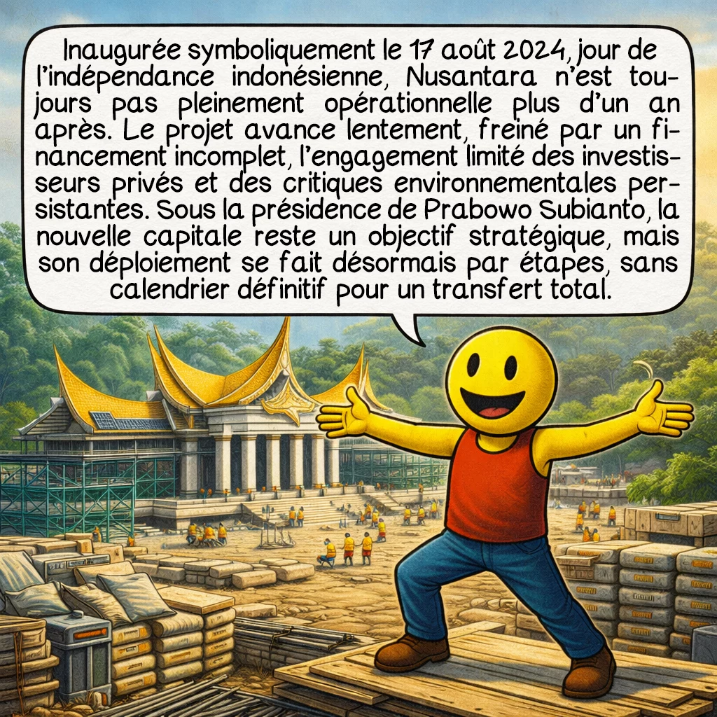 Les nouvelles capitales, case 5 : Inaugurée symboliquement le 17 août 2024, jour de l’indépendance indonésienne, Nusantara n’est toujours pas pleinement opérationnelle plus d’un an après. Le projet avance lentement, freiné par un financement incomplet, l’engagement limité des investisseurs privés et des critiques environnementales persistantes. Sous la présidence de Prabowo Subianto, la nouvelle capitale reste un objectif stratégique, mais son déploiement se fait désormais par étapes, sans calendrier définitif pour un transfert total.
