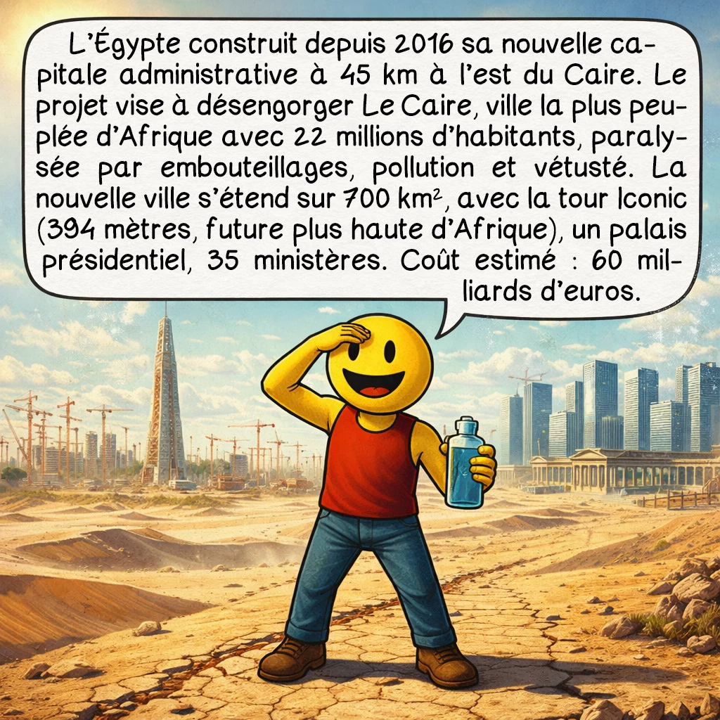 Les nouvelles capitales, case 6 : L’Égypte construit depuis 2016 sa nouvelle capitale administrative à 45 km à l’est du Caire. Le projet vise à désengorger Le Caire, ville la plus peuplée d’Afrique avec 22 millions d’habitants, paralysée par embouteillages, pollution et vétusté. La nouvelle ville s’étend sur 700 km², avec la tour Iconic (394 mètres, future plus haute d’Afrique), un palais présidentiel, 35 ministères. Coût estimé : 60 milliards d’euros.