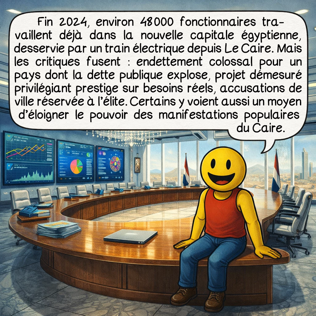 Les nouvelles capitales, case 7 : Fin 2024, environ 48 000 fonctionnaires travaillent déjà dans la nouvelle capitale égyptienne, desservie par un train électrique depuis Le Caire. Mais les critiques fusent : endettement colossal pour un pays dont la dette publique explose, projet démesuré privilégiant prestige sur besoins réels, accusations de ville réservée à l’élite. Certains y voient aussi un moyen d’éloigner le pouvoir des manifestations populaires du Caire.