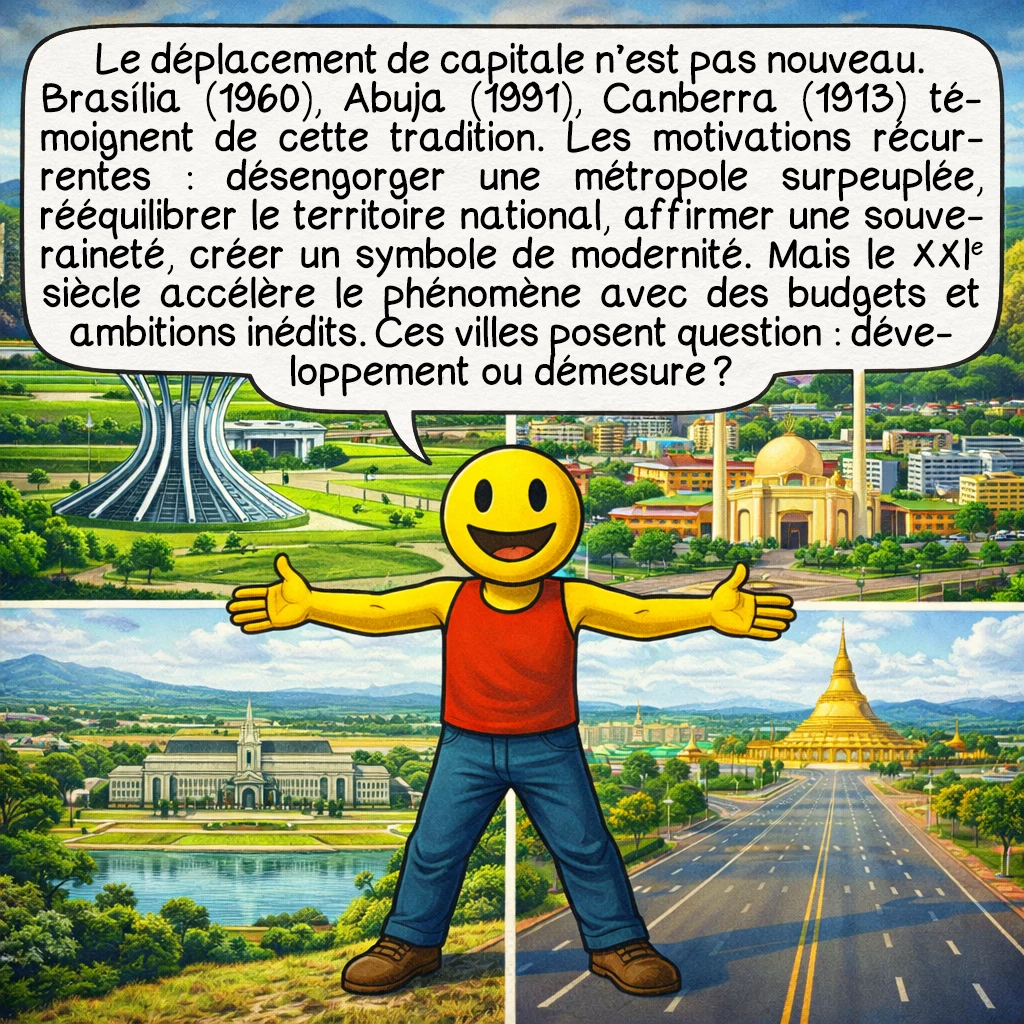 Les nouvelles capitales, case 8 : Le déplacement de capitale n’est pas nouveau. Brasília (1960), Abuja (1991), Canberra (1913) témoignent de cette tradition. Les motivations récurrentes : désengorger une métropole surpeuplée, rééquilibrer le territoire national, affirmer une souveraineté, créer un symbole de modernité. Mais le XXIe siècle accélère le phénomène avec des budgets et ambitions inédits. Ces villes posent question : développement ou démesure ?