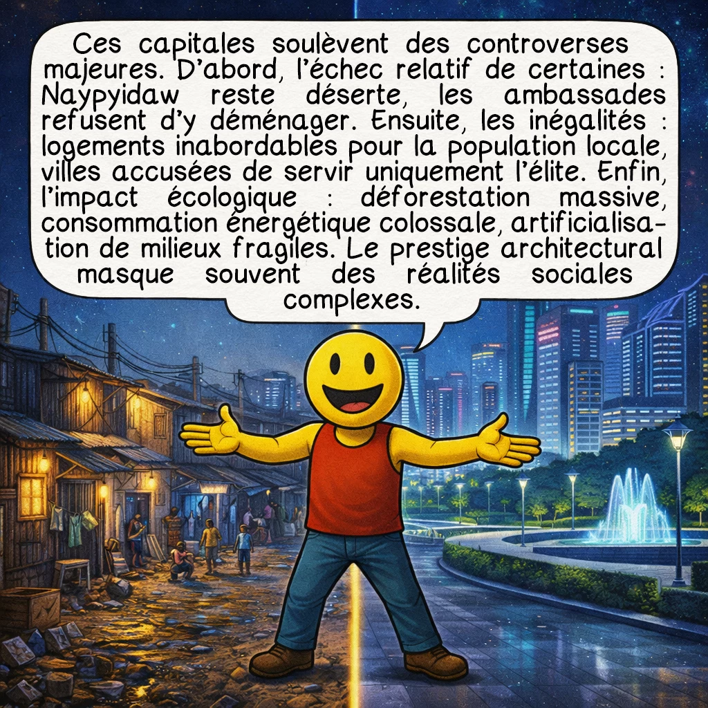 Les nouvelles capitales, case 9 : Ces capitales soulèvent des controverses majeures. D’abord, l’échec relatif de certaines : Naypyidaw reste déserte, les ambassades refusent d’y déménager. Ensuite, les inégalités : logements inabordables pour la population locale, villes accusées de servir uniquement l’élite. Enfin, l’impact écologique : déforestation massive, consommation énergétique colossale, artificialisation de milieux fragiles. Le prestige architectural masque souvent des réalités sociales complexes.