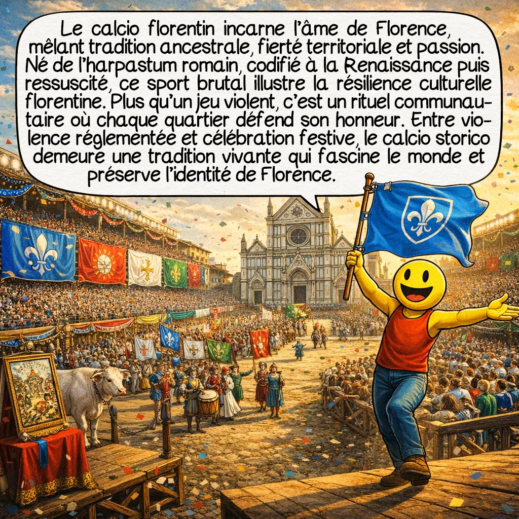 Le calcio florentin, case 10 : Le calcio florentin incarne l’âme de Florence : un mélange unique de tradition ancestrale, de fierté territoriale et de passion débordante. Né de l’harpastum romain, codifié à la Renaissance, disparu puis ressuscité, ce sport brutal témoigne de la résilience culturelle florentine. Plus qu’un jeu violent, c’est un rituel communautaire où chaque quartier défend son honneur. Entre violence réglementée et célébration festive, entre histoire millénaire et spectacle contemporain, le calcio storico demeure une tradition vivante qui continue de fasciner le monde. Florence garde ainsi vivante une part essentielle de son identité.