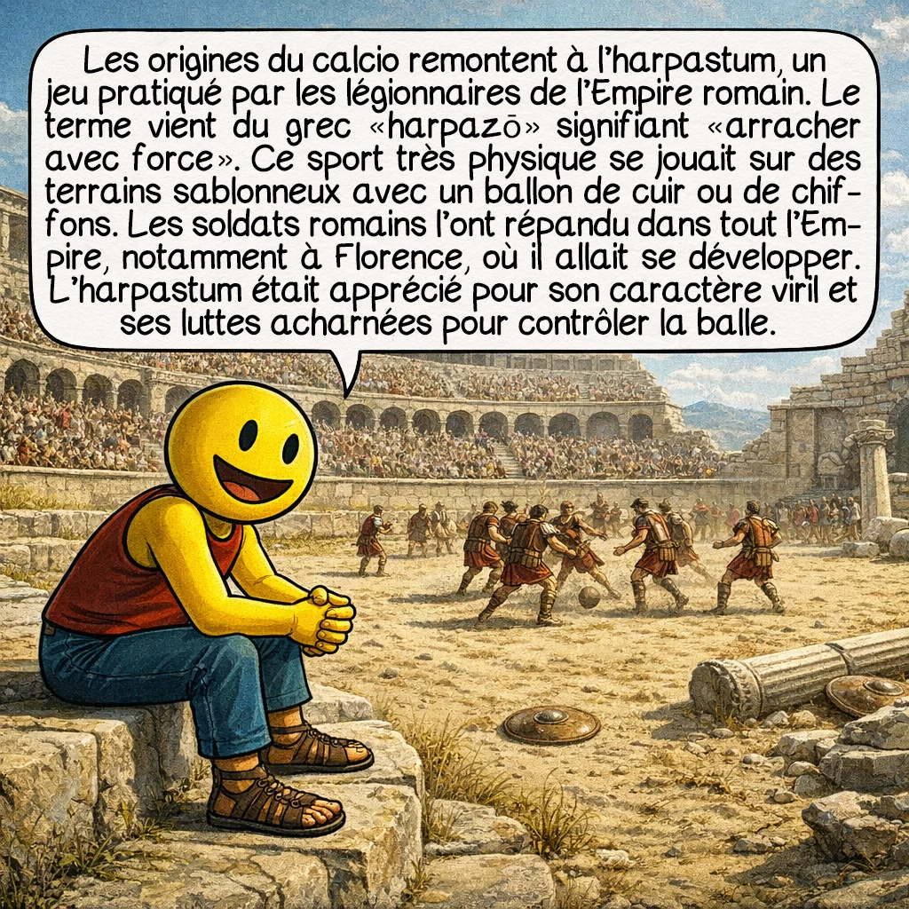Le calcio florentin, case 2 : Les origines du calcio remontent à l’harpastum, un jeu pratiqué par les légionnaires de l’Empire romain. Le terme vient du grec « harpazō » signifiant « arracher avec force ». Ce sport très physique se jouait sur des terrains sablonneux avec un ballon de cuir ou de chiffons. Les soldats romains l’ont répandu dans tout l’Empire, notamment à Florence, où il allait se développer. L’harpastum était apprécié pour son caractère viril et ses luttes acharnées pour contrôler la balle.