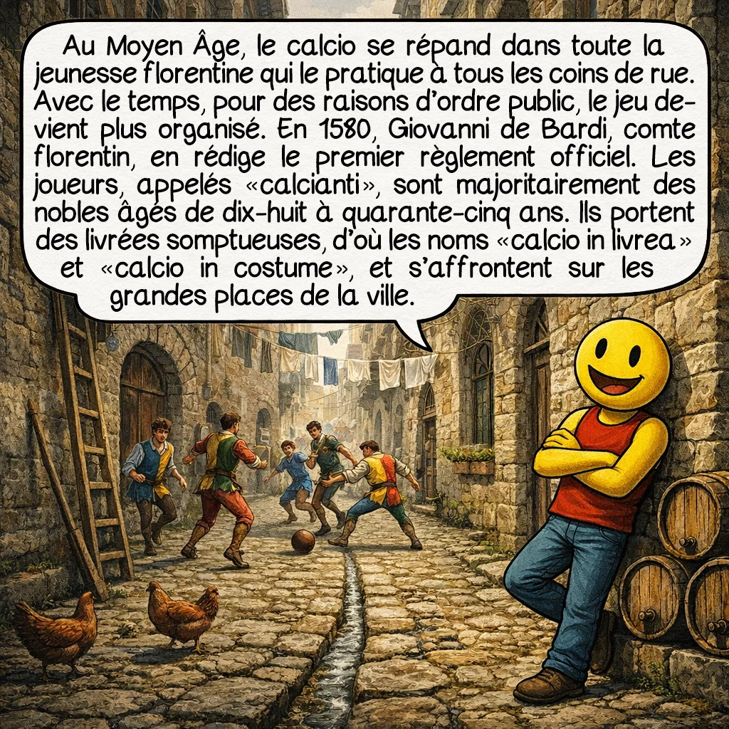Le calcio florentin, case 3 : Au Moyen Âge, le calcio se répand dans toute la jeunesse florentine qui le pratique à tous les coins de rue. Avec le temps, pour des raisons d’ordre public, le jeu devient plus organisé. En 1580, Giovanni de Bardi, comte florentin, en rédige le premier règlement officiel. Les joueurs, appelés « calcianti », sont majoritairement des nobles âgés de dix-huit à quarante-cinq ans. Ils portent des livrées somptueuses, d’où les noms « calcio in livrea » et « calcio in costume », et s’affrontent sur les grandes places de la ville.