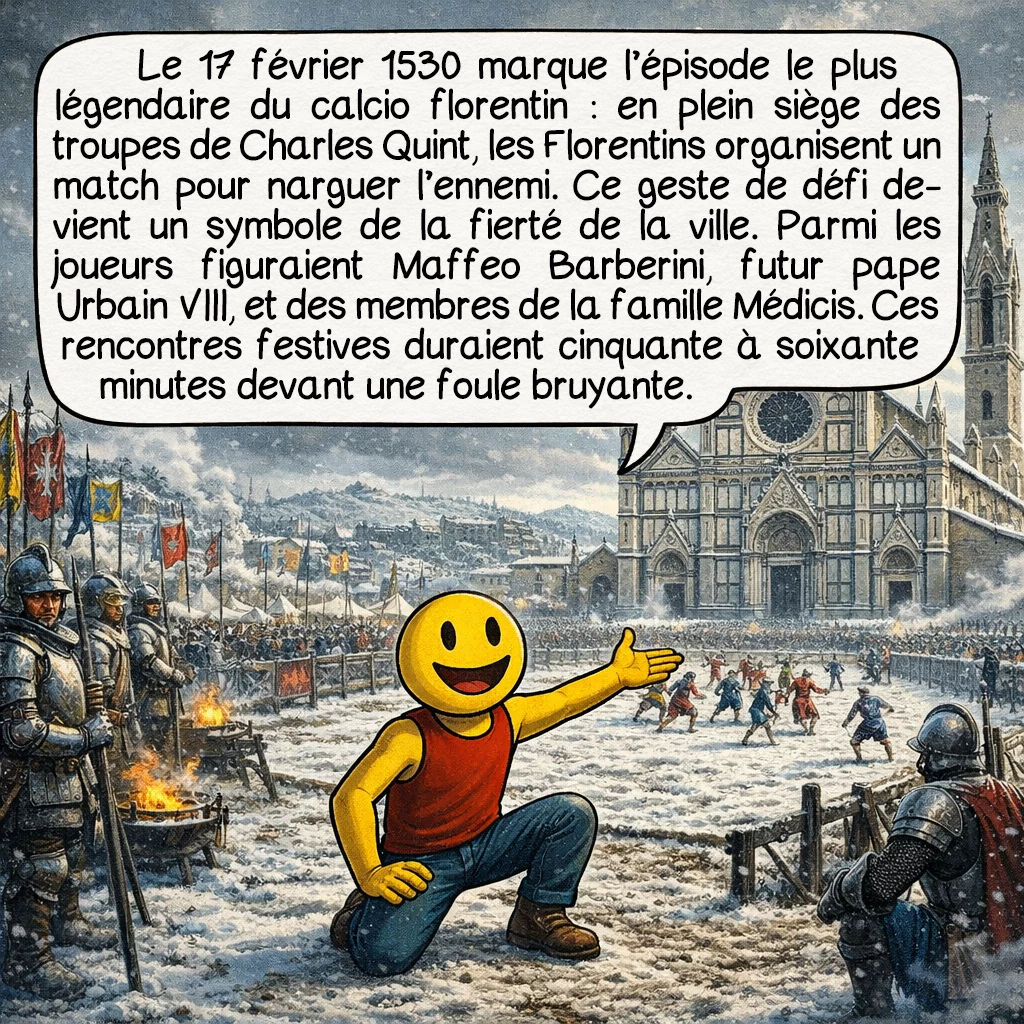 Le calcio florentin, case 4 : Le 17 février 1530 marque l’événement le plus légendaire du calcio florentin. Alors que la ville est assiégée par les troupes espagnoles de Charles Quint, les Florentins organisent un match en plein siège pour narguer l’ennemi. Ce geste de bravoure et de défiance devient un symbole de la fierté florentine. Parmi les joueurs célèbres du calcio figurent des personnalités comme Maffeo Barberini, futur pape Urbain VIII, et plusieurs membres de la famille Médicis. Ces matchs festifs duraient cinquante à soixante minutes devant des foules bruyantes.