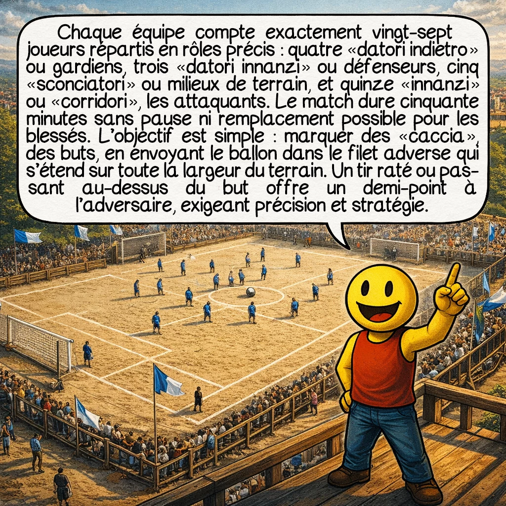 Le calcio florentin, case 5 : Chaque équipe compte exactement vingt-sept joueurs répartis en rôles précis : quatre « datori indietro » ou gardiens, trois « datori innanzi » ou défenseurs, cinq « sconciatori » ou milieux de terrain, et quinze « innanzi » ou « corridori », les attaquants. Le match dure cinquante minutes sans pause ni remplacement possible pour les blessés. L’objectif est simple : marquer des « caccia », des buts, en envoyant le ballon dans le filet adverse qui s’étend sur toute la largeur du terrain. Un tir raté ou passant au-dessus du but offre un demi-point à l’adversaire, exigeant précision et stratégie.