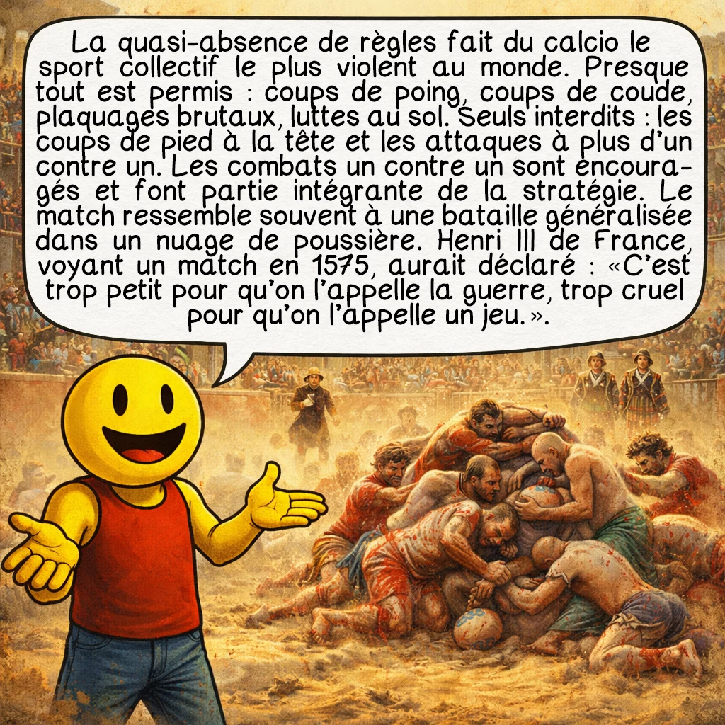 Le calcio florentin, case 6 : La quasi-absence de règles fait du calcio le sport collectif le plus violent au monde. Presque tout est permis : coups de poing, coups de coude, plaquages brutaux, luttes au sol. Seuls interdits : les coups de pied à la tête et les attaques à plus d’un contre un. Les combats un contre un sont encouragés et font partie intégrante de la stratégie. Le match ressemble souvent à une bataille généralisée dans un nuage de poussière. Henri III de France, voyant un match en 1575, aurait déclaré : « C’est trop petit pour qu’on l’appelle la guerre, trop cruel pour qu’on l’appelle un jeu. »