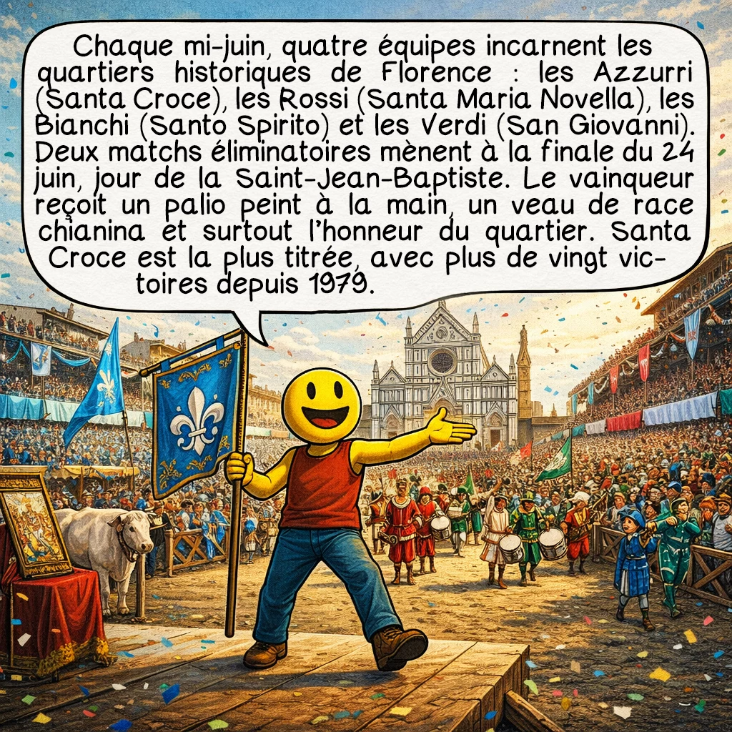 Le calcio florentin, case 7 : Chaque année mi-juin, quatre équipes représentent les quartiers historiques de Florence : les Azzurri en bleu pour Santa Croce, les Rossi en rouge pour Santa Maria Novella, les Bianchi en blanc pour Santo Spirito, et les Verdi en vert pour San Giovanni. Deux matchs éliminatoires déterminent les finalistes qui s’affrontent le 24 juin, jour de la Saint-Jean-Baptiste, saint patron de Florence. L’équipe victorieuse remporte un palio peint à la main et un veau de race chianina. Mais surtout, elle gagne l’honneur et la fierté pour son quartier. Santa Croce est l’équipe la plus titrée avec plus de vingt victoires depuis 1979.