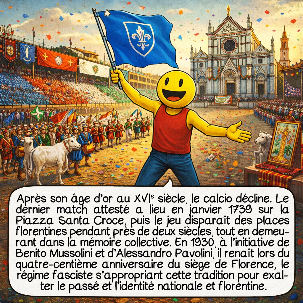 Le calcio florentin, case 8 : Après son âge d’or au XVIe siècle, l’intérêt pour le calcio décline progressivement. Le dernier match documenté avant la période moderne se joue en janvier 1739 sur la Piazza Santa Croce. Pendant deux siècles, le jeu disparaît des places florentines, mais reste gravé dans la mémoire collective. En 1930, sous l’impulsion de Benito Mussolini et d’Alessandro Pavolini, le calcio renaît à l’occasion du quatre centième anniversaire du siège de Florence. Le régime fasciste, attaché au passé glorieux de l’Italie, fait revivre cette tradition pour célébrer l’identité nationale et florentine.
