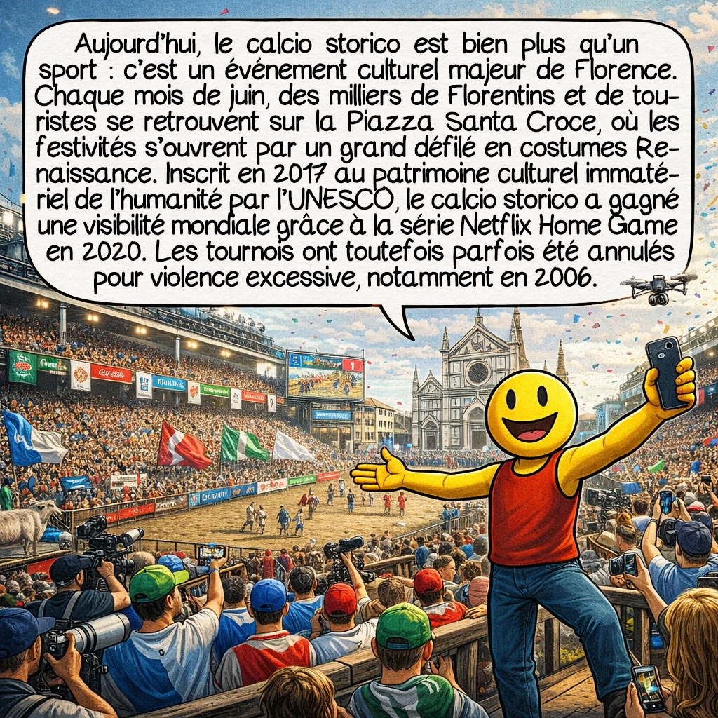 Le calcio florentin, case 9 : Aujourd’hui, le calcio storico est bien plus qu’une simple compétition sportive : c’est un événement culturel majeur de Florence. Tous les mois de juin, des milliers de spectateurs, Florentins et touristes, affluent vers la Piazza Santa Croce. Les festivités débutent par un grand défilé historique où plusieurs centaines de participants défilent en costumes Renaissance. En 2017, l’UNESCO a inscrit le calcio storico sur la liste du patrimoine culturel immatériel de l’humanité. La série Netflix « Home Game » lui a consacré un épisode en 2020, donnant au sport une visibilité mondiale. Les tournois ont parfois été annulés pour violence excessive, notamment en 2006.