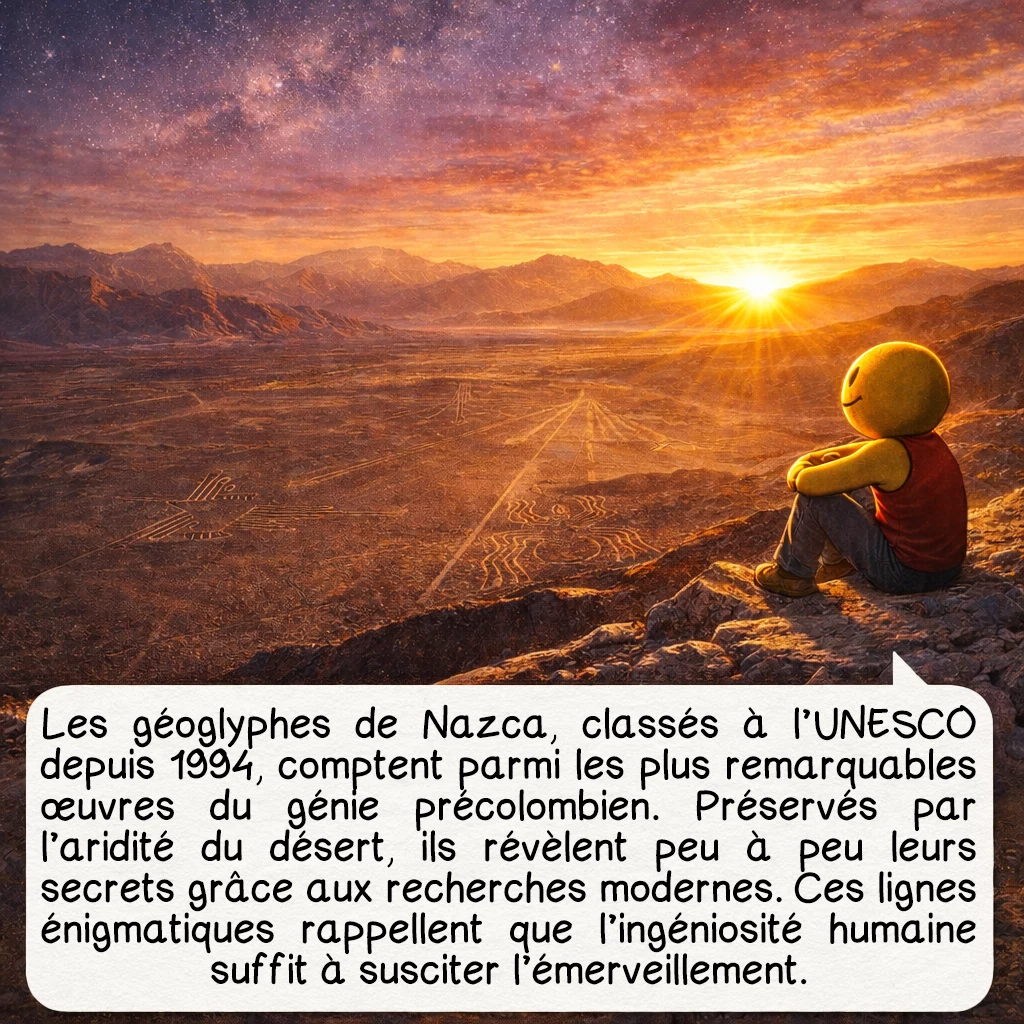 Nazca, case 10 : Les géoglyphes de Nazca, classés au patrimoine mondial de l’UNESCO depuis 1994, demeurent l’un des témoignages les plus extraordinaires du génie humain précolombien. Leur préservation dans l’un des déserts les plus secs du monde nous offre une fenêtre unique sur une civilisation disparue. Aujourd’hui, scientifiques et technologies modernes continuent de révéler leurs secrets : l’intelligence artificielle découvre de nouveaux géoglyphes, les études géologiques affinent notre compréhension de leur construction, et l’archéologie reconstitue la vie quotidienne et spirituelle des Nazcas. Ces lignes mystérieuses nous rappellent qu’il n’y a pas besoin d’explications fantastiques pour s’émerveiller : l’ingéniosité humaine suffit amplement !