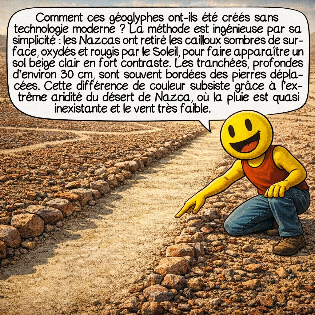 Nazca, case 2 : Comment ces géoglyphes ont-ils été créés sans technologie moderne ? La technique est ingénieuse dans sa simplicité : les Nazcas ont retiré les cailloux sombres à la surface, oxydés par le fer et rougis par des millénaires d’exposition au Soleil. En dessous se trouve un sol beige clair qui contraste fortement avec l’environnement. Les tranchées font environ 30 centimètres de profondeur et les pierres retirées forment souvent des bordures le long des tracés. Cette différence de couleur reste visible parce que le désert de Nazca est l’un des endroits les plus secs du monde : il n’y pleut presque jamais et le vent y est faible.