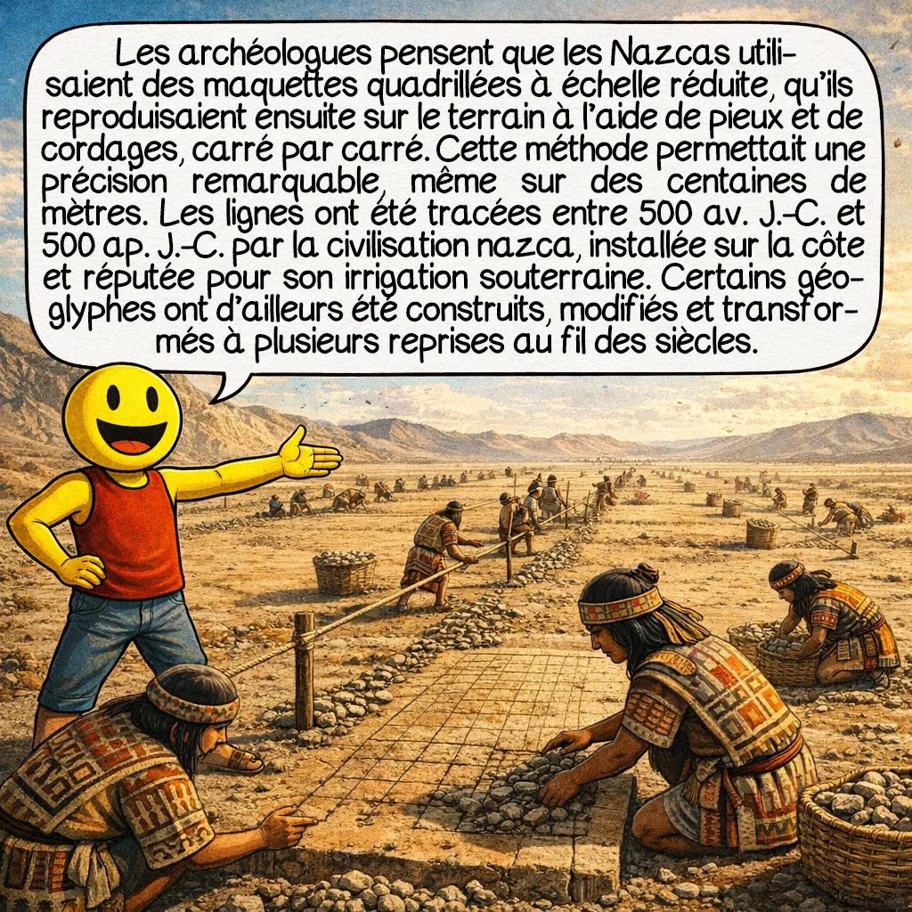 Nazca, case 3 : Les archéologues pensent que les Nazcas utilisaient d’abord des maquettes à échelle réduite, quadrillées en carrés, puis les reproduisaient sur le terrain à l’aide de pieux et de cordages, carré par carré. Cette technique de mise à l’échelle permettait une précision remarquable, même sur des centaines de mètres ! Les lignes ont été tracées entre 500 avant J.-C. et 500 après J.-C. par la civilisation nazca, un peuple qui vivait dans cette région côtière et qui excellait aussi dans l’irrigation souterraine. Certains géoglyphes ont même été construits, remaniés et transformés à plusieurs reprises au fil des siècles.