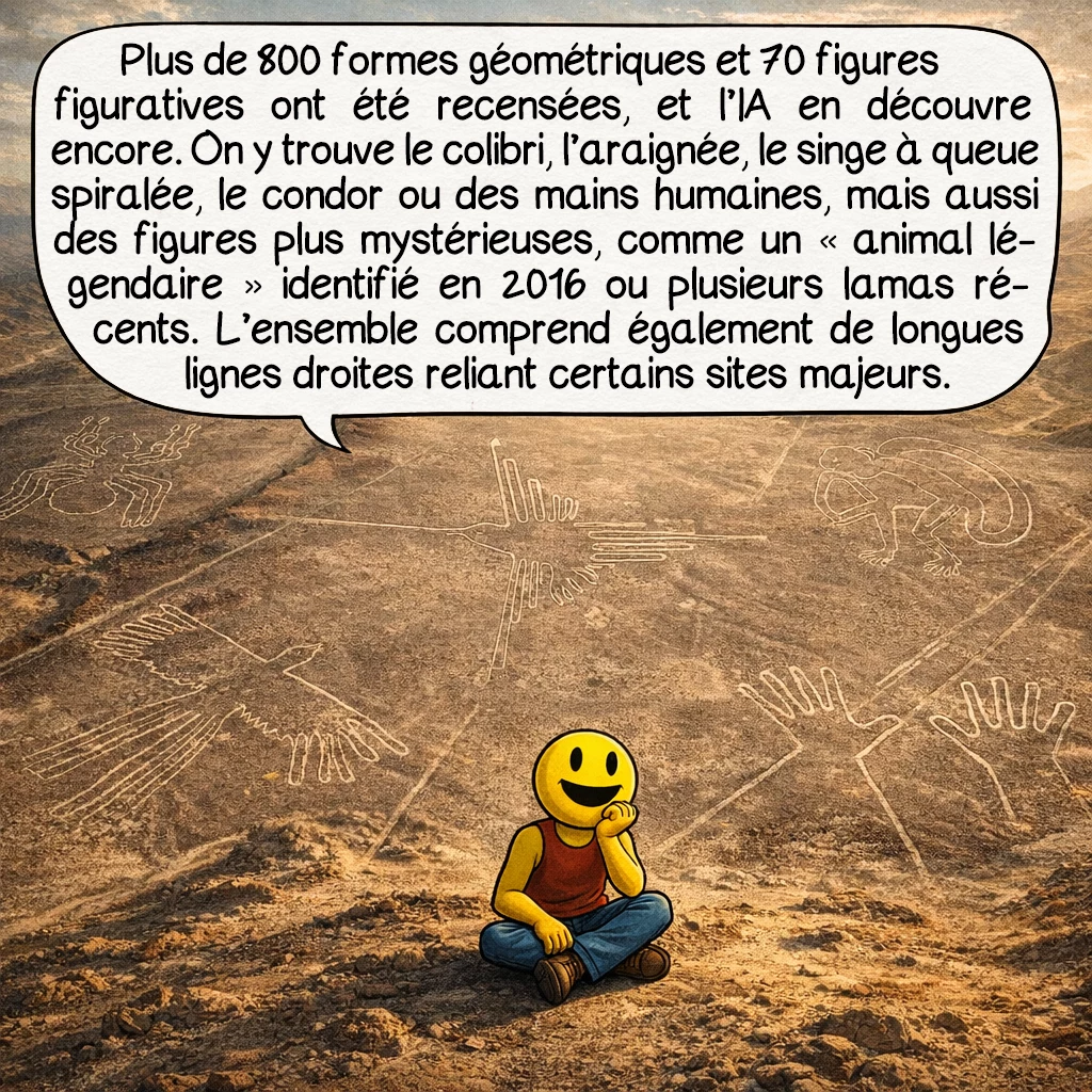 Nazca, case 4 : Plus de 800 formes géométriques et 70 dessins figuratifs ont été recensés à ce jour, et l’intelligence artificielle aide désormais à en découvrir de nouveaux chaque année. Parmi les plus célèbres : le colibri, l’araignée, le singe à queue spiralée, le condor, le lézard, le pélican, ou encore des représentations de mains humaines. Mais on trouve aussi des figures plus mystérieuses, comme un « animal légendaire tirant la langue » de 30 mètres découvert en 2016, et des dizaines de lamas identifiés récemment. Les géoglyphes incluent également d’immenses lignes droites parfaitement tracées sur plusieurs kilomètres, reliant parfois des sites importants.