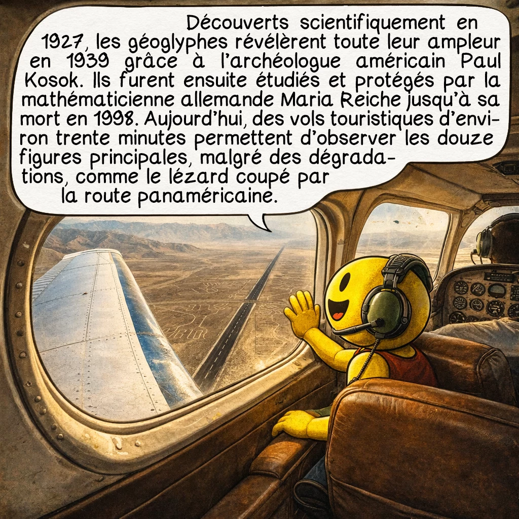 Nazca, case 5 : Les géoglyphes ont été véritablement découverts par le monde scientifique en 1927, mais c’est en 1939 que l’archéologue américain Paul Kosok, survolant la région pour étudier les systèmes d’irrigation, réalisa leur ampleur. Il fut rejoint par Maria Reiche, une mathématicienne allemande qui consacra toute sa vie à leur étude et à leur protection jusqu’à sa mort en 1998. Aujourd’hui, le survol en avion reste le meilleur moyen de les observer : des vols touristiques de 30 minutes permettent de voir les 12 géoglyphes les plus spectaculaires. Malheureusement, certains ont été endommagés : le lézard a été coupé en deux par la construction de la route panaméricaine.