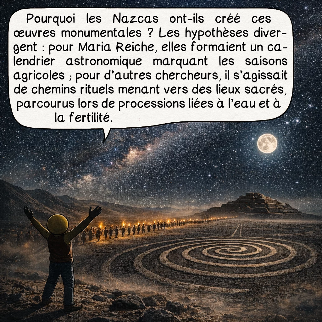Nazca, case 6 : Pourquoi les Nazcas ont-ils créé ces œuvres monumentales ? Plusieurs théories scientifiques coexistent. Maria Reiche pensait qu’il s’agissait d’un gigantesque calendrier astronomique : certaines lignes pointent vers les levers ou couchers du Soleil aux solstices, d’autres vers des étoiles importantes. Les géoglyphes auraient ainsi servi à marquer les saisons, cruciales pour l’agriculture. D’autres chercheurs privilégient la fonction rituelle : les lignes conduisent souvent vers des montagnes sacrées ou des sources d’eau, ressource vitale dans ce désert. Les Nazcas auraient tracé ces chemins lors de processions religieuses liées à la fertilité et aux cycles de l’eau.
