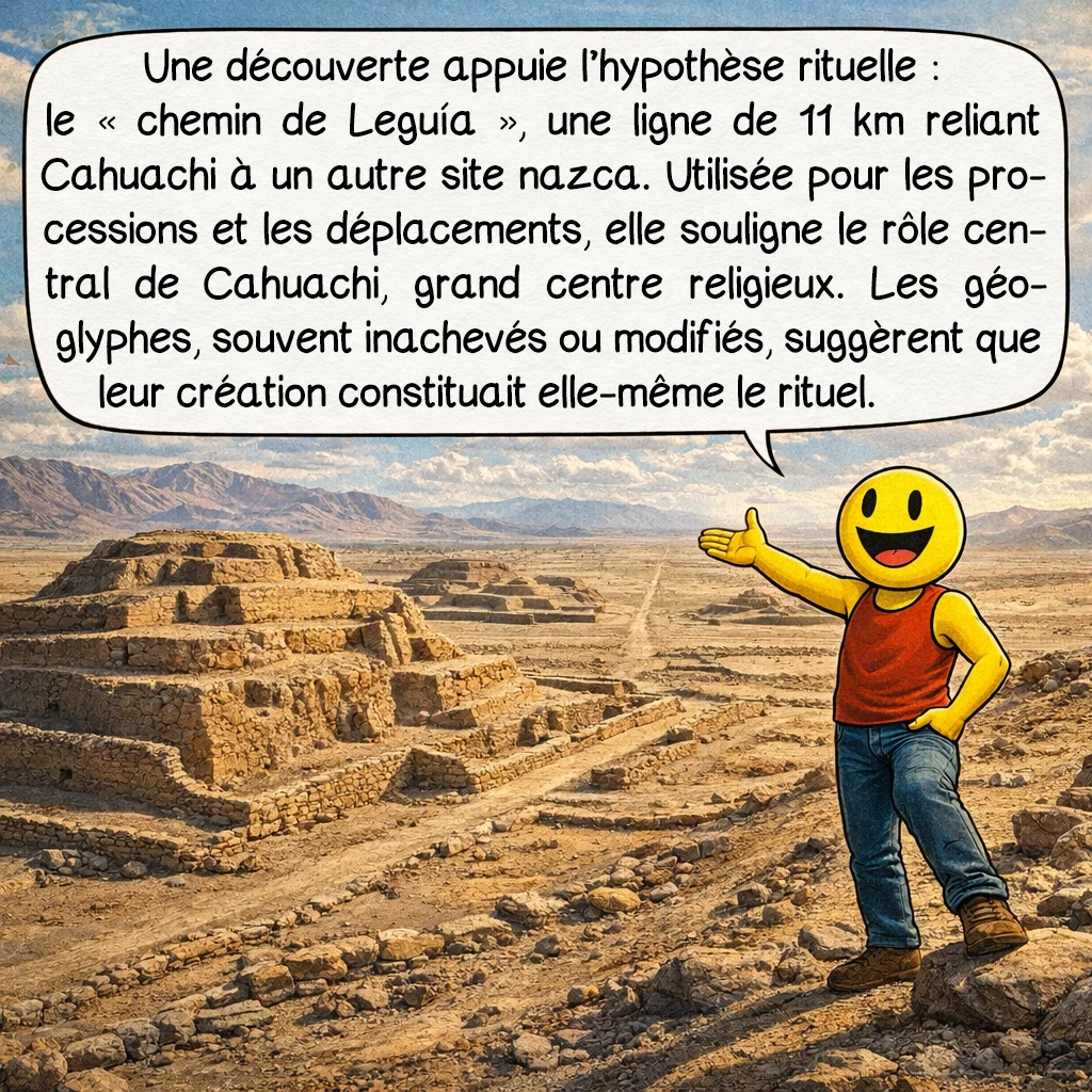Nazca, case 7 : Une découverte majeure renforce cette hypothèse rituelle : le « chemin de Leguía », une ligne droite de 11 kilomètres, relie le centre cérémoniel de Cahuachi à un autre site nazca important. Cette piste était empruntée lors de processions, mais pouvait aussi servir à la circulation quotidienne. Cahuachi, avec ses pyramides en adobe orientées vers les géoglyphes, était le plus grand centre religieux nazca. Certains chercheurs suggèrent même que la construction elle-même des géoglyphes constituait le rituel principal : on observe de nombreux tracés inachevés, remaniés ou transformés, comme si l’acte de créer importait plus que le résultat final.