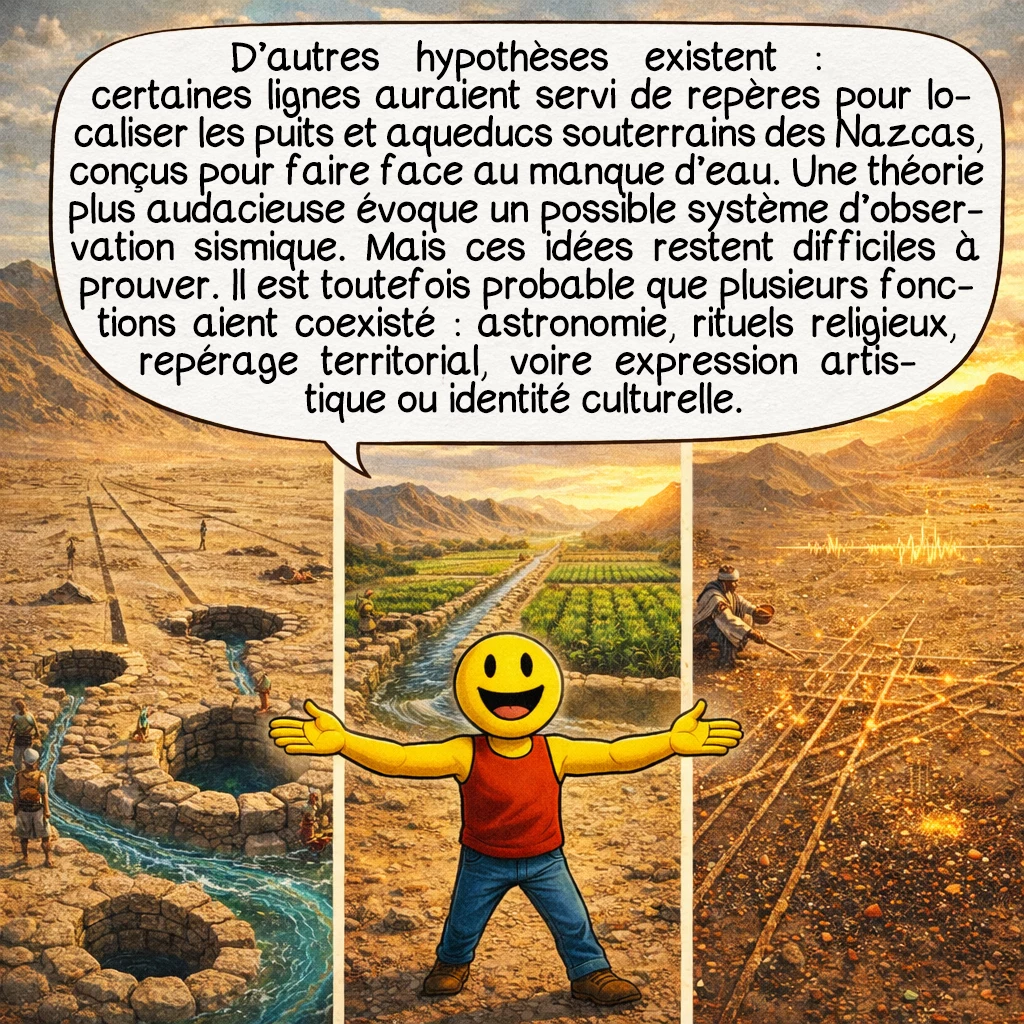 Nazca, case 8 : D’autres hypothèses ont été proposées : certaines lignes auraient pu servir de repères pour localiser les innombrables puits et aqueducs souterrains que les Nazcas avaient ingénieusement construits pour pallier le manque d’eau. Une théorie plus audacieuse suggère même un système d’observation sismique : des particules conductrices déposées sur les lignes auraient permis d’écouter les ondes basses fréquences des tremblements de terre fréquents dans cette région. Mais ces hypothèses restent difficiles à prouver. Ce qui est certain, c’est que plusieurs fonctions ont probablement coexisté : astronomie, rituels religieux, repérage territorial et peut-être même simple expression artistique ou affirmation d’identité culturelle.