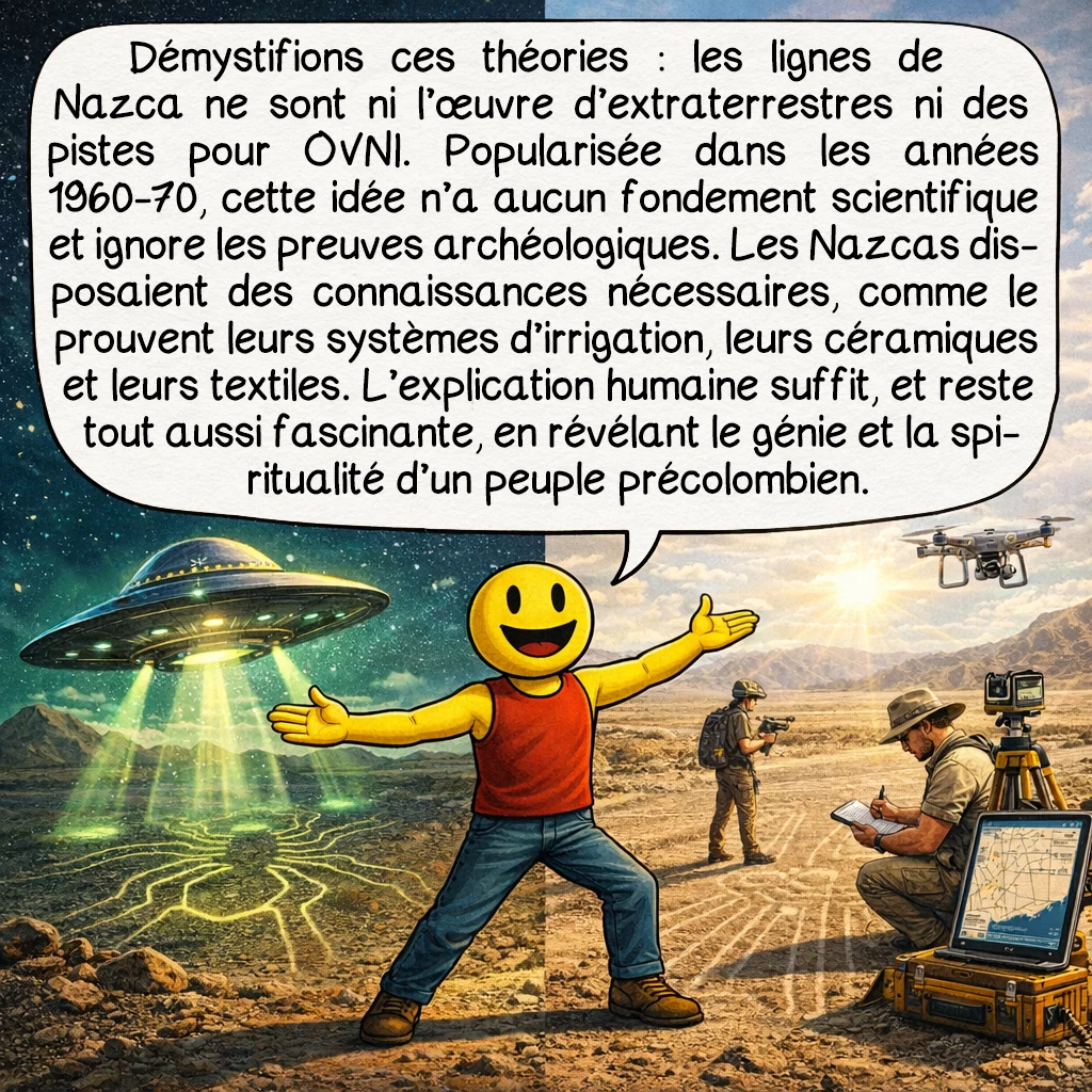 Nazca, case 9 : Démystifions maintenant les théories fantaisistes : NON, les lignes de Nazca n’ont PAS été tracées par des extraterrestres ni ne constituent des pistes d’atterrissage pour OVNI. Cette hypothèse popularisée dans les années 1960-70 ne repose sur aucun fondement scientifique et ignore les preuves archéologiques accablantes de leur création humaine. Les Nazcas possédaient les connaissances mathématiques, géométriques et organisationnelles nécessaires, comme le démontrent leurs autres réalisations : systèmes d’irrigation sophistiqués, céramiques polychromes complexes, textiles élaborés. L’explication n’a pas besoin d’être extraterrestre pour être fascinante : elle témoigne du génie humain, de l’organisation sociale et de la spiritualité d’un peuple précolombien remarquable.