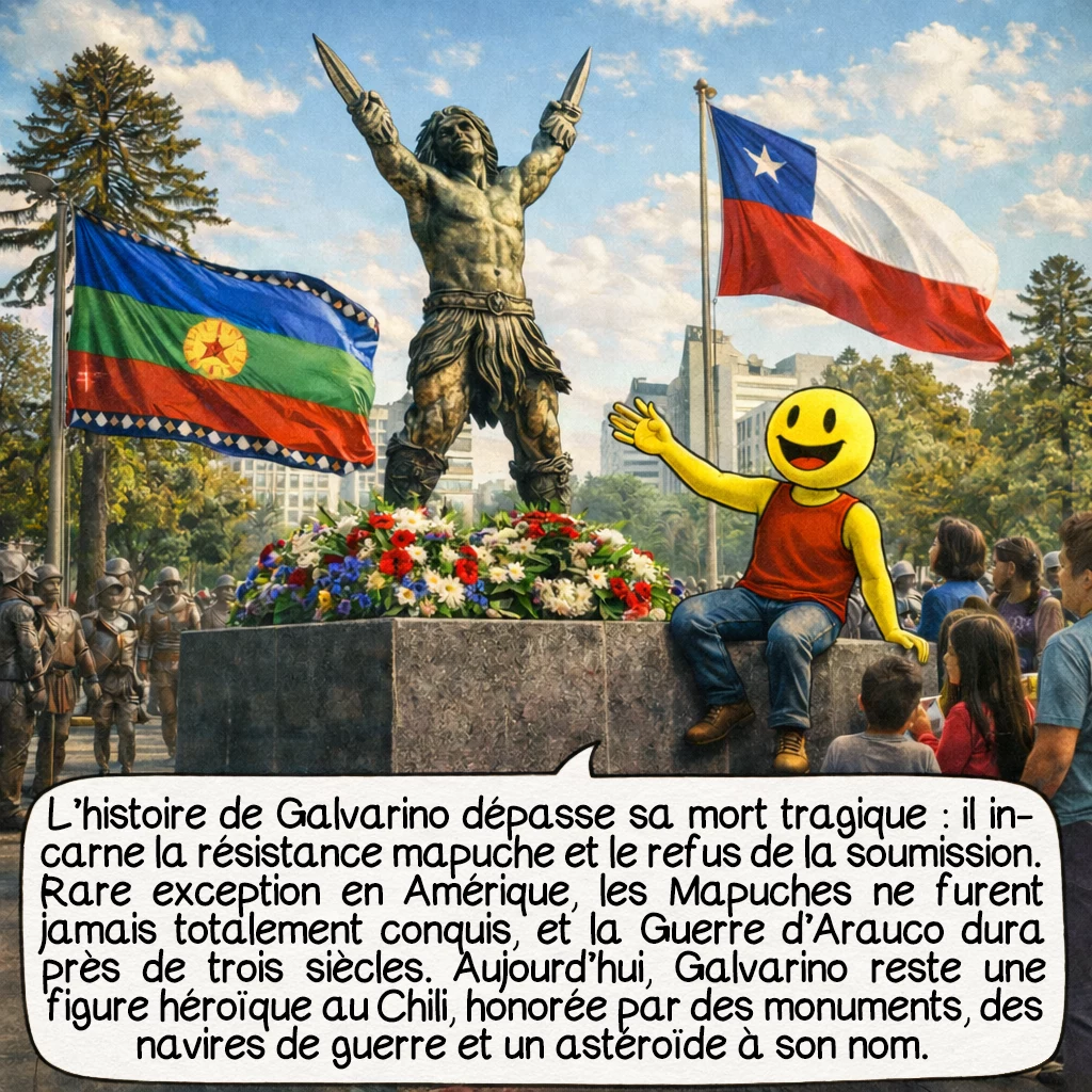 Galvarino, case 10 : L’histoire de Galvarino transcende sa mort tragique. Il est devenu un symbole puissant de résistance pour le peuple mapuche, incarnant le refus de la soumission face à l’oppression. Fait remarquable : les Mapuches furent l’un des rares peuples indigènes d’Amérique à ne jamais être totalement conquis par les Européens. La Guerre d’Arauco dura près de trois cents ans, se terminant seulement au début du XIXe siècle. Aujourd’hui, Galvarino reste une figure héroïque nationale au Chili : un astéroïde porte son nom, plusieurs navires de guerre chiliens également, et des monuments lui rendent hommage dans tout le pays.
