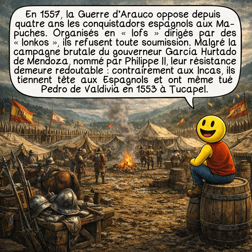 Galvarino, case 2 : En 1557, la Guerre d’Arauco oppose depuis déjà quatre ans les conquistadors espagnols au peuple mapuche. Les Mapuches, organisés en clans familiaux appelés « Lofs » dirigés par des chefs nommés « Lonkos », refusent de se soumettre aux envahisseurs. Le gouverneur espagnol, García Hurtado de Mendoza, nommé par le roi Philippe II, mène une campagne militaire brutale pour soumettre la région. Contrairement aux Incas vaincus rapidement, les Mapuches résistent avec une efficacité redoutable. Ils ont même tué Pedro de Valdivia, premier gouverneur royal du Chili, en 1553 lors de la bataille de Tucapel.