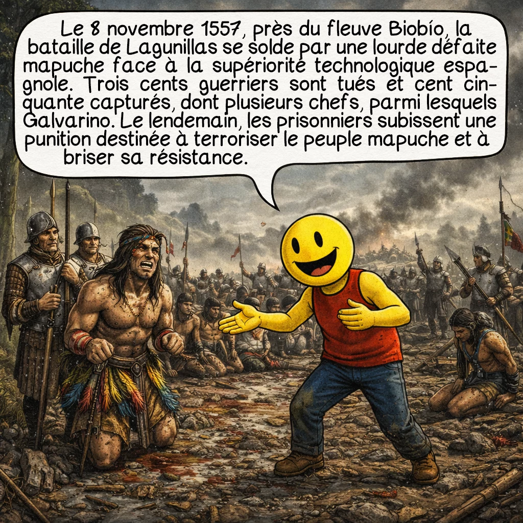 Galvarino, case 3 : Le 8 novembre 1557 se déroule la bataille de Lagunillas, près du fleuve Biobío. Les forces espagnoles, bien que moins nombreuses, disposent d’arquebuses, d’artillerie et de cavalerie : des avantages technologiques décisifs. Les Mapuches, armés principalement de lances, de massues et d’arcs, subissent une défaite. Trois cents guerriers sont tués et cent cinquante capturés, dont plusieurs chefs de guerre, parmi lesquels figure Galvarino. Le lendemain, ces prisonniers vont subir une punition destinée à terroriser tout le peuple mapuche et à briser leur volonté de résistance.