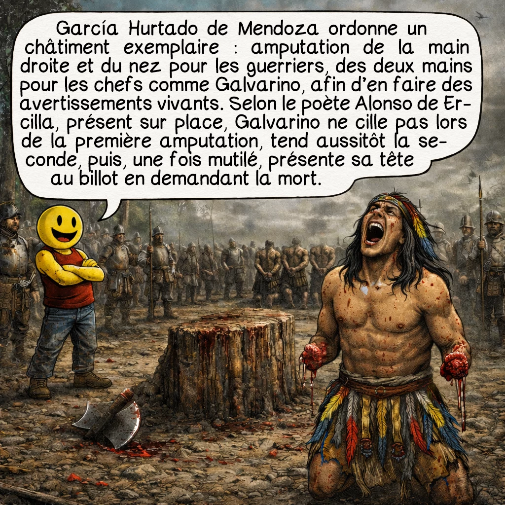 Galvarino, case 4 : García Hurtado de Mendoza ordonne un châtiment exemplaire : amputation de la main droite et du nez pour les guerriers ordinaires, amputation des deux mains pour les chefs comme Galvarino. L’objectif est clair : renvoyer ces hommes mutilés auprès de leur peuple comme avertissement vivant. Selon le témoignage du poète espagnol Alonso de Ercilla, présent sur place, Galvarino ne cille pas lors de l’amputation de sa première main. Plus extraordinaire encore : il tend immédiatement sa seconde main au bourreau. Une fois les deux mains tranchées, il présente sa tête au billot, demandant à être tué.