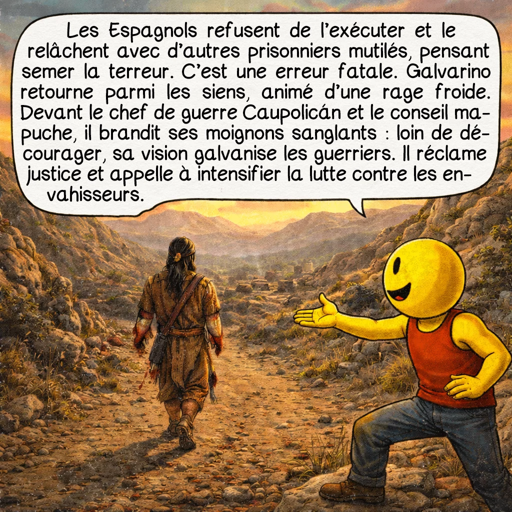 Galvarino, case 5 : Mais les Espagnols refusent de lui donner la mort. Ils le relâchent avec les autres prisonniers mutilés, espérant que ces hommes brisés transmettront un message de terreur. C’est leur erreur fatale. Galvarino retourne auprès de son peuple, non pas vaincu, mais animé d’une rage froide. Il se présente devant le chef de guerre Caupolicán et le conseil mapuche, brandissant ses moignons sanglants. Au lieu de les décourager, sa vue galvanise les guerriers. Loin de se résigner, Galvarino demande justice et appelle à intensifier la lutte contre les envahisseurs.