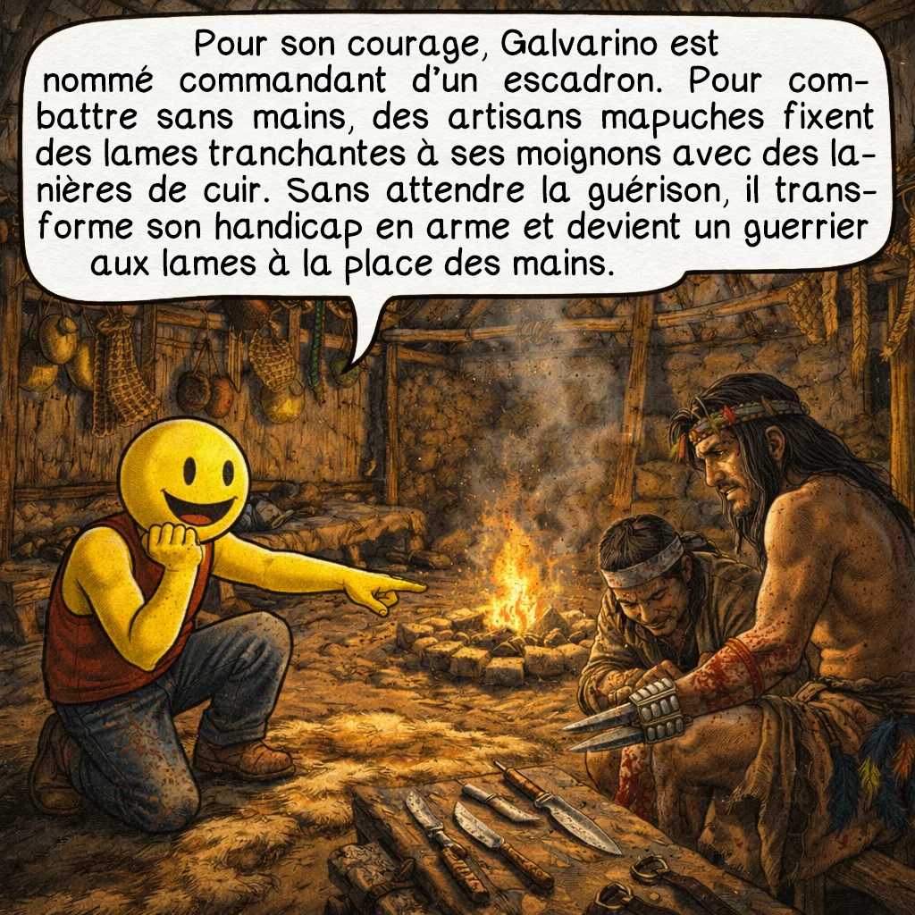 Galvarino, case 6 : Pour son courage exceptionnel, Galvarino est nommé commandant d’un escadron par le conseil de guerre. Mais comment combattre sans mains ? C’est là qu’intervient une solution aussi ingénieuse que terrifiante : des artisans mapuches fixent des lames tranchantes directement sur ses moignons à l’aide de lanières de cuir solides. Sans même attendre que ses blessures soient complètement cicatrisées, Galvarino transforme son handicap en arme. Il devient littéralement un guerrier aux lames à la place des mains.
