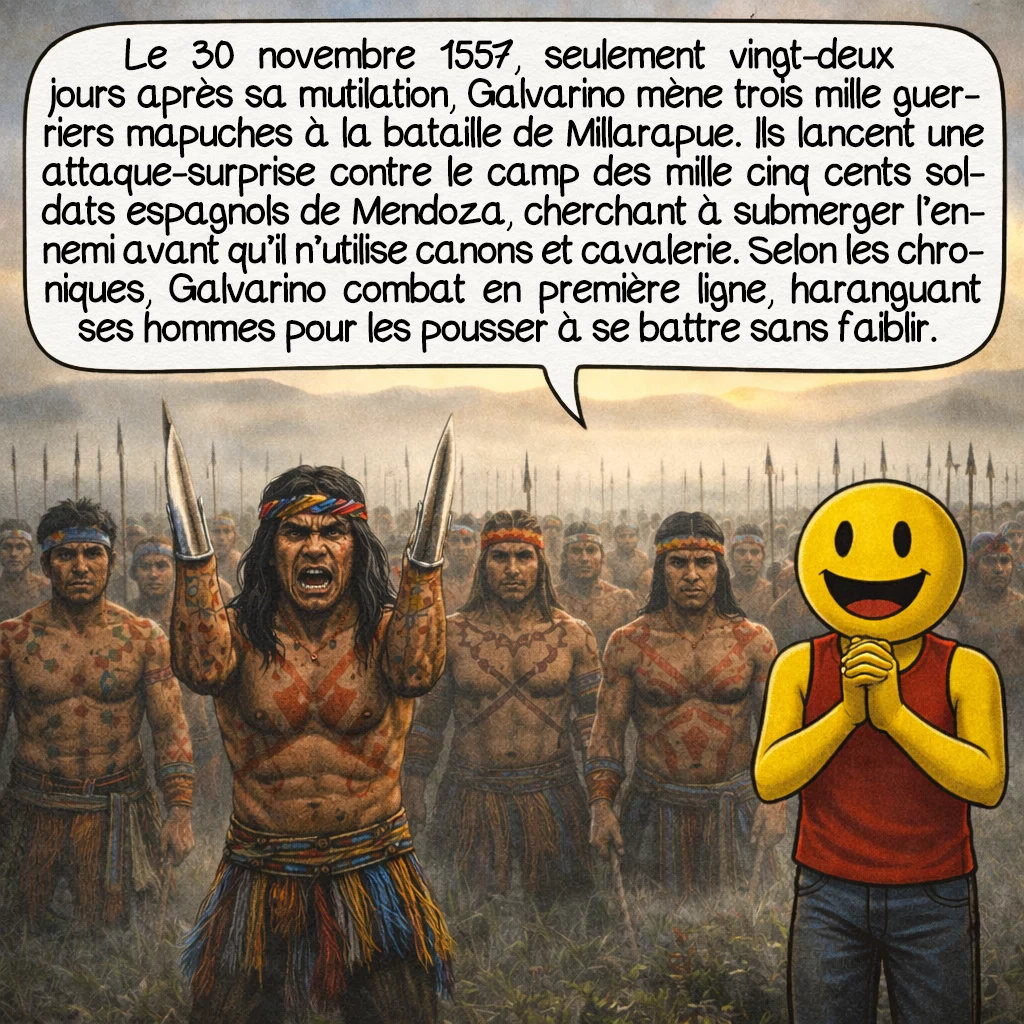 Galvarino, case 7 : Le 30 novembre 1557, soit seulement vingt-deux jours après sa mutilation, Galvarino mène ses hommes à la bataille de Millarapue. Trois mille guerriers mapuches lancent une attaque-surprise sur le campement des mille cinq cents soldats espagnols de Mendoza. La stratégie mapuche est audacieuse : submerger l’ennemi avant qu’il ne puisse organiser sa défense, utiliser ses canons ou déployer sa redoutable cavalerie. Selon les chroniques, Galvarino combat en première ligne, exhortant ses camarades : « Voyez que vous vous battez bien, ne finissez pas comme moi sans mains, incapables de travailler ou de manger ! »