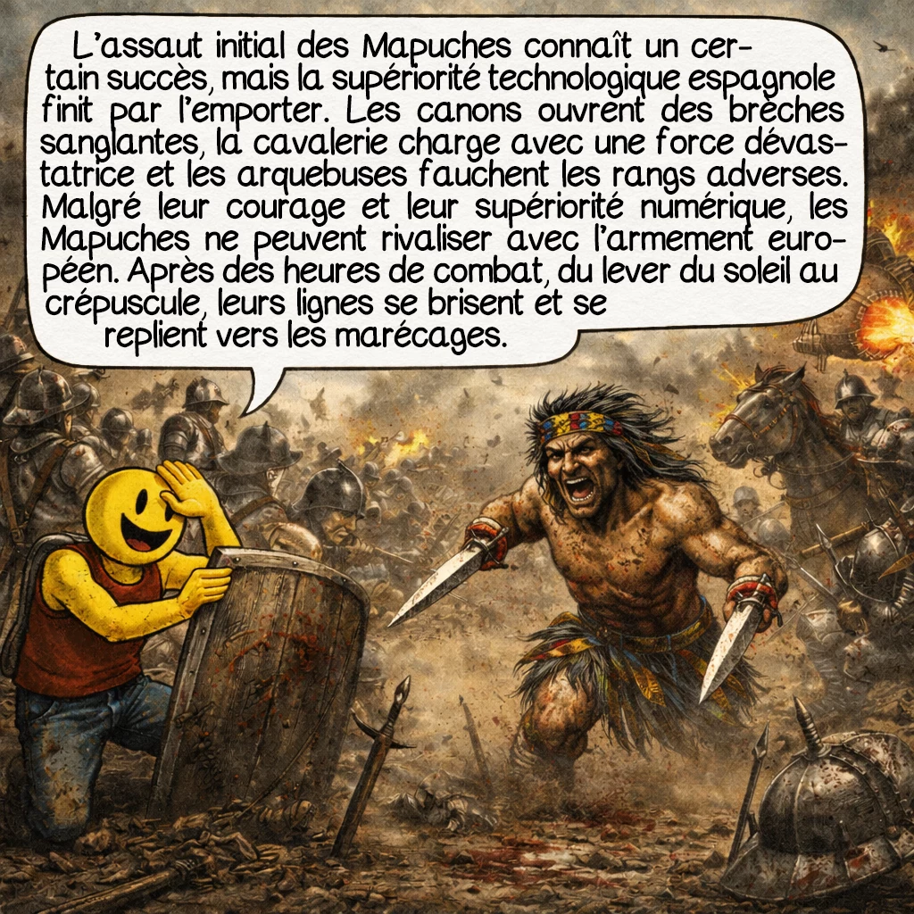 Galvarino, case 8 : L’assaut initial des Mapuches connaît un certain succès, mais la supériorité technologique espagnole finit par prévaloir. Les canons ouvrent des brèches sanglantes dans les rangs mapuches. La cavalerie espagnole, une fois déployée, charge avec une force dévastatrice. Les arquebuses crachent leurs projectiles de plomb avec précision. Malgré leur courage et leur nombre supérieur, les Mapuches ne peuvent rivaliser avec l’armement européen. Après des heures de combat acharné, du lever du Soleil jusqu’au crépuscule, les lignes mapuches se brisent et se replient vers les marécages.