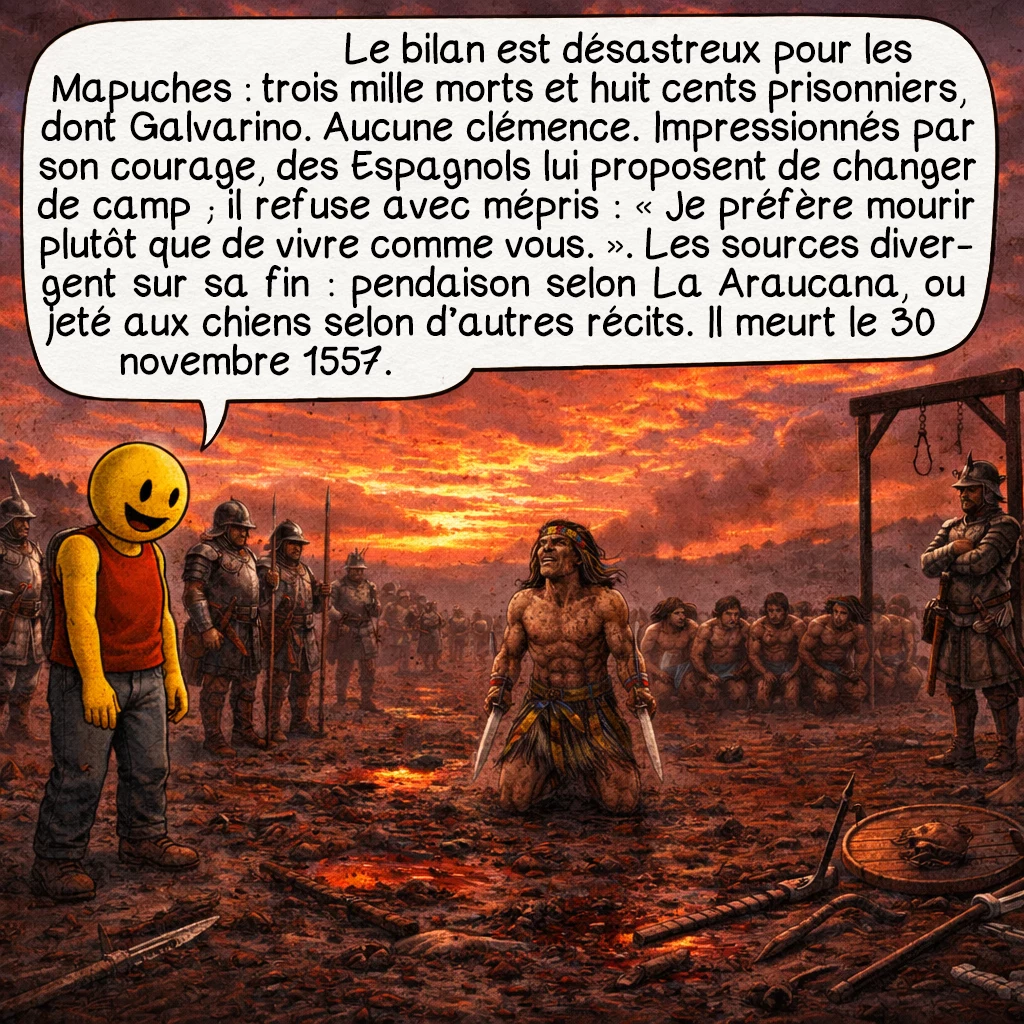 Galvarino, case 9 : Le bilan est catastrophique pour les Mapuches : trois mille morts et huit cents prisonniers, dont Galvarino. Cette fois, il n’y aura pas de clémence. Lorsque certains Espagnols, impressionnés par son courage, lui proposent de rejoindre leur camp, Galvarino refuse avec mépris : « Je préfère mourir plutôt que de vivre comme vous. Je regrette seulement que la mort m’empêche de vous déchiqueter jusqu’au dernier. ». Les sources divergent sur sa mort : pendaison selon Alonso de Ercilla dans son poème épique « La Araucana », ou bien jeté aux chiens selon d’autres témoignages. Il meurt ce même jour, 30 novembre 1557.