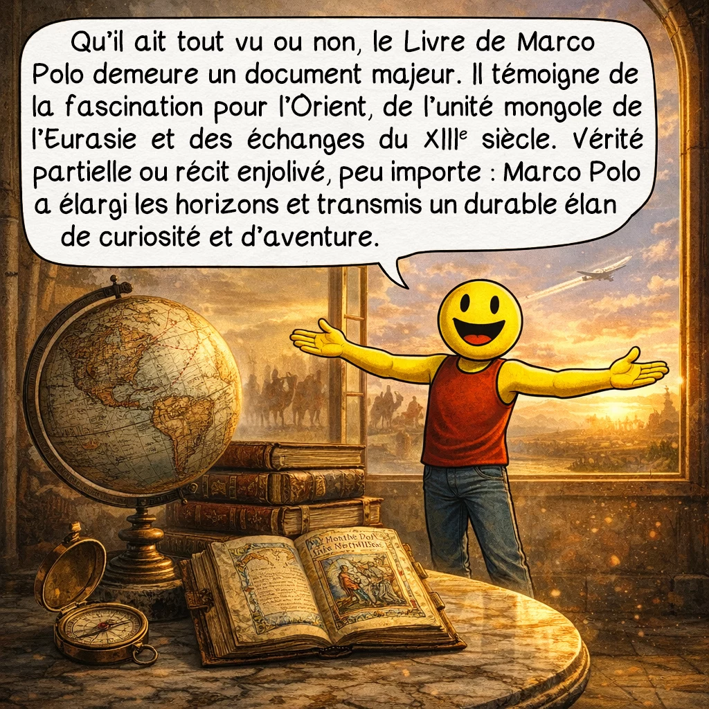 Marco Polo, case 10 : Qu’il ait atteint ou non toutes les destinations qu’il prétend, le Livre de Marco Polo demeure un document historique majeur. Il témoigne de la fascination européenne pour l’Orient, de l’existence d’un empire mongol unifiant l’Eurasie, et des échanges culturels au XIIIe siècle. Vérité partielle, synthèse de témoignages, récit enjolivé ? Peu importe : Marco Polo a ouvert des horizons, nourri des imaginaires, inspiré des générations d’explorateurs. Son héritage n’est pas dans l’exactitude factuelle de chaque ligne, mais dans l’élan de curiosité et d’aventure qu’il a transmis. Et ça, c’était le voyage de Marco Polo !