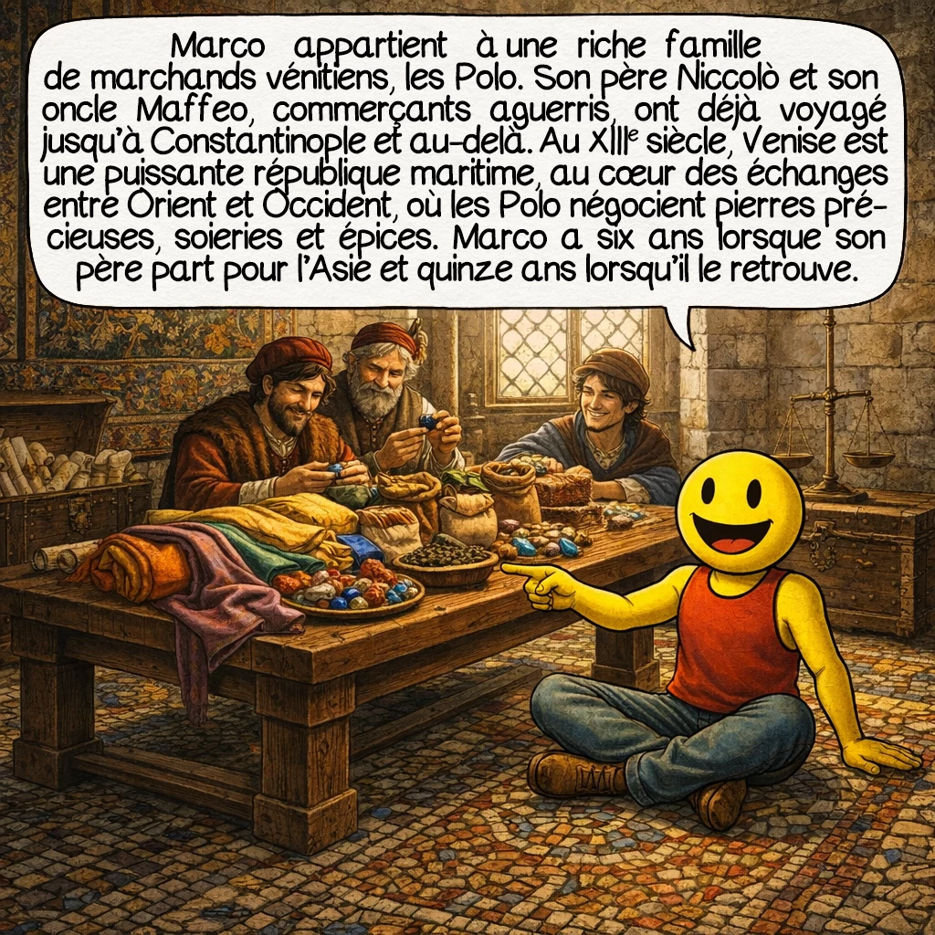 Marco Polo, case 2 : Marco est issu d’une famille de marchands vénitiens prospères, les Polo. Son père Niccolò et son oncle Maffeo sont des commerçants expérimentés qui ont déjà voyagé jusqu’à Constantinople et au-delà. Venise, au XIIIe siècle, est une république maritime puissante, carrefour du commerce entre l’Occident et l’Orient. Les Polo négocient pierres précieuses, soieries et épices. Marco n’a que six ans lorsque son père part pour un premier voyage en Asie, et quinze ans quand il le revoit enfin.
