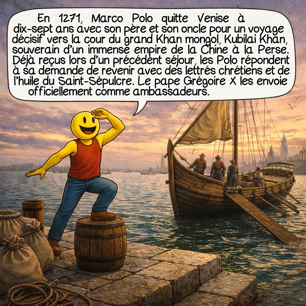 Marco Polo, case 3 : En 1271, Marco Polo quitte Venise avec son père et son oncle pour un voyage qui va changer sa vie. Il a dix-sept ans. Leur destination : la cour du grand Khan des Mongols, Kubilai Khan, qui règne sur un immense empire s’étendant de la Chine à la Perse. Les Polo ont déjà rencontré le Khan lors de leur précédent voyage, et celui-ci leur a demandé de revenir avec des lettrés chrétiens et de l’huile de la lampe du Saint-Sépulcre. Le pape Grégoire X les mandate officiellement comme ambassadeurs.