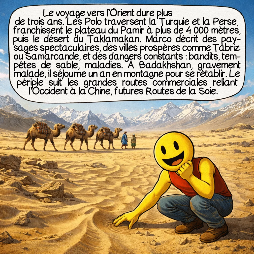 Marco Polo, case 4 : Le voyage vers l’Orient dure plus de trois ans. Les Polo traversent la Turquie, la Perse, franchissent le haut plateau du Pamir à plus de 4 000 mètres d’altitude, puis le désert du Taklamakan. Marco décrit des paysages extraordinaires, des villes florissantes comme Tabriz ou Samarcande, mais aussi des dangers constants : bandits, tempêtes de sable, maladies. À Badakhshan, Marco tombe gravement malade et doit rester un an en montagne pour se rétablir. Le périple suit les anciennes routes commerciales reliant l’Occident à la Chine, ce qu’on appellera plus tard la Route de la Soie.