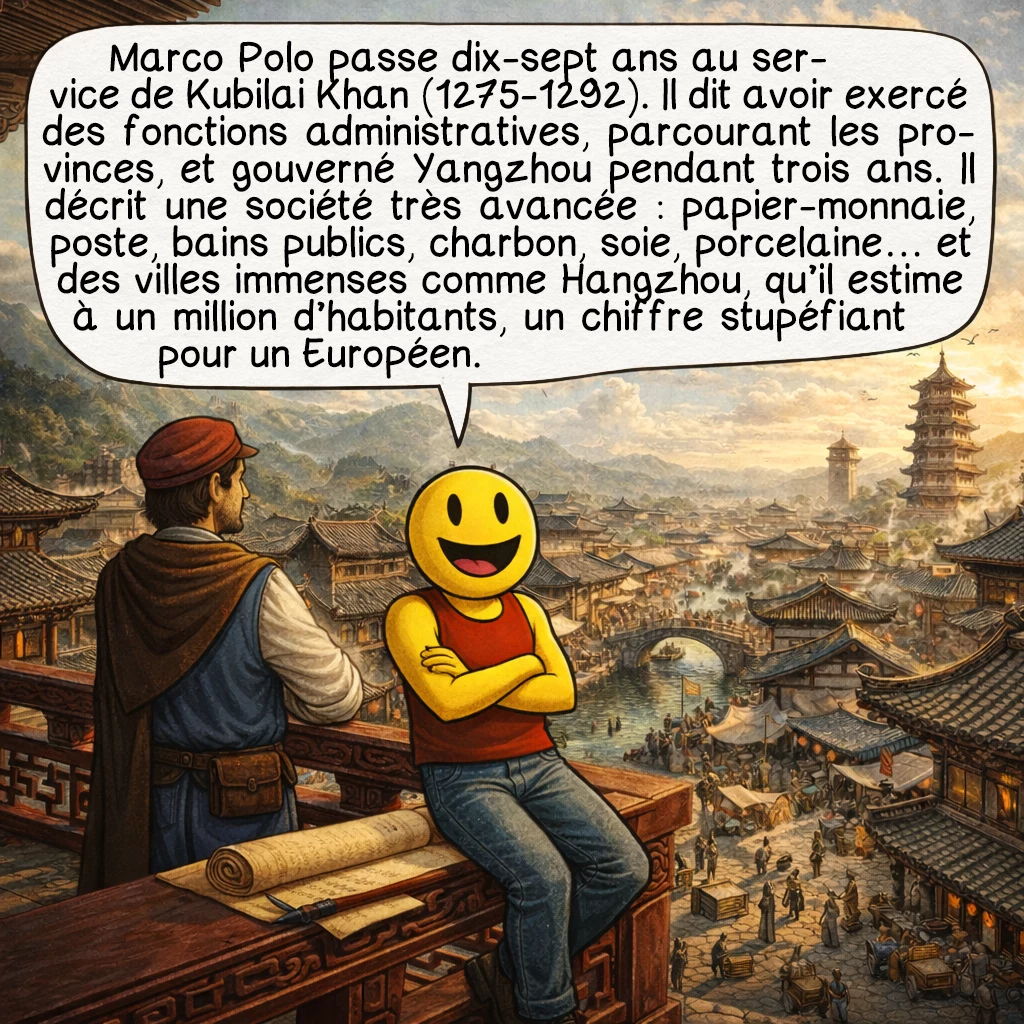 Marco Polo, case 6 : Marco Polo reste dix-sept ans au service de Kubilai Khan, de 1275 à 1292. Il affirme avoir exercé diverses fonctions administratives, notamment comme inspecteur impérial parcourant différentes provinces. Il dit avoir été gouverneur de Yangzhou pendant trois ans. Marco observe et consigne mentalement une société sophistiquée : l’usage du papier-monnaie, le système postal avec relais, les bains publics, l’exploitation du charbon, la production de soie et de porcelaine. Il décrit des villes immenses comme Hangzhou, qu’il estime à un million d’habitants, chiffre incroyable pour un Européen habitué aux villes de quelques dizaines de milliers d’âmes.