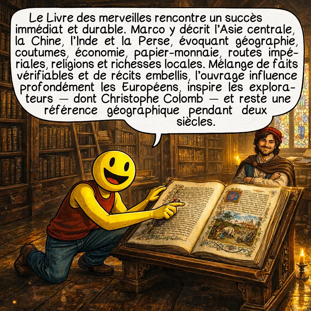Marco Polo, case 8 : Le Livre des merveilles connaît un succès immédiat et durable. Marco y décrit l’Asie centrale, la Chine, l’Inde, la Perse, avec des détails sur la géographie, les coutumes, l’économie, la faune. Il évoque le papier-monnaie, les routes impériales, les différentes religions, les pierres précieuses du Badakhshan, les textiles indiens. Certains passages sont exacts et vérifiables, d’autres semblent embellis ou rapportés de seconde main. Le livre influence profondément les Européens et inspirera les futurs explorateurs, notamment Christophe Colomb, qui possédera un exemplaire annoté. Il devient une référence géographique pendant deux siècles.