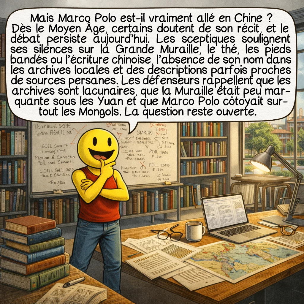 Marco Polo, case 9 : Mais Marco Polo est-il vraiment allé en Chine ? Dès le Moyen Âge, certains contemporains doutent de ses affirmations. Aujourd’hui encore, des historiens contestent son récit. Arguments des sceptiques : il ne mentionne jamais la Grande Muraille, le thé, les pieds bandés des femmes chinoises, l’écriture chinoise. Son nom n’apparaît dans aucune archive mongole ou chinoise. Ses descriptions de certaines villes semblent copiées de sources persanes. Défenseurs : les archives chinoises sont incomplètes, la Grande Muraille n’était pas imposante à l’époque Yuan, Marco fréquentait surtout les Mongols qui ne pratiquaient pas ces coutumes. Le débat reste ouvert.