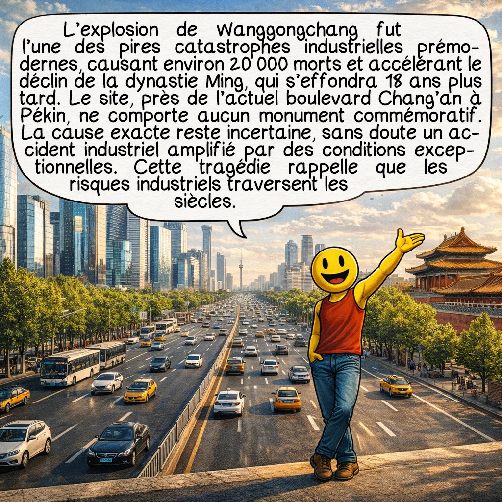 L’explosion de Wanggongchang, case 10 : L’explosion de Wanggongchang reste l’une des catastrophes industrielles prémodernes les plus meurtrières, avec 20 000 morts. Elle accéléra le déclin de la dynastie Ming, qui s’effondra définitivement 18 ans plus tard face aux Mandchous. Aujourd’hui, le site se trouve près du boulevard Chang'an, artère majeure de Pékin moderne. Aucun monument ne commémore l’événement. La cause exacte demeure débattue : accident industriel probable amplifié par des conditions exceptionnelles, peut-être météorologiques. Cette tragédie nous rappelle que les catastrophes industrielles ne sont pas l’apanage de notre époque, et que la gestion rigoureuse des matières dangereuses reste un défi universel à travers les siècles.