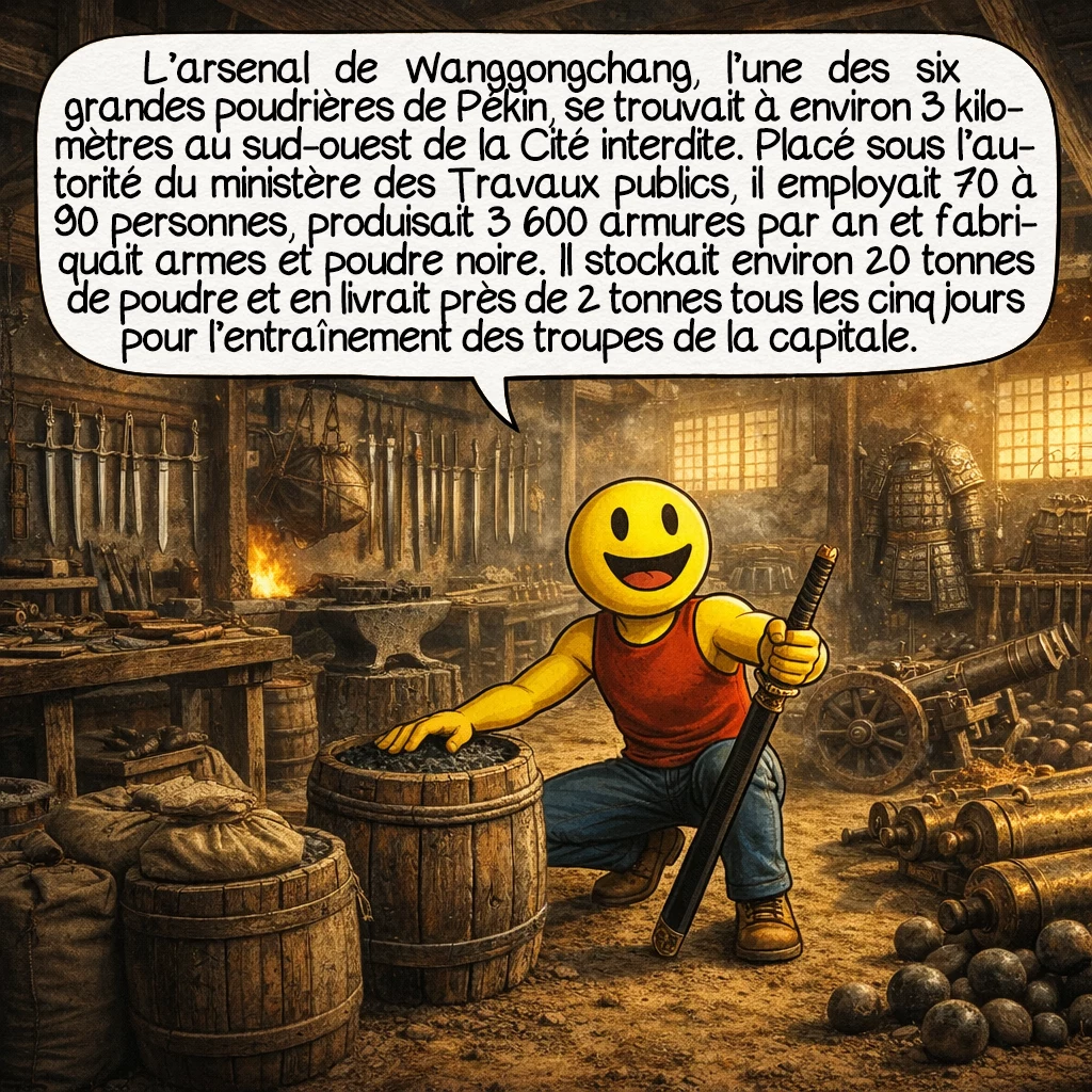L’explosion de Wanggongchang, case 2 : L’arsenal de Wanggongchang était l’une des six grandes poudrières de Pékin, située à environ 3 kilomètres au sud-ouest de la Cité interdite. Géré par le ministère des Travaux publics, il employait 70 à 90 personnes et produisait annuellement 3600 pièces d’armure, des fusils, des canons, des balles de plomb et de la poudre noire. L’arsenal stockait en permanence plus de 100 000 jin de poudre, soit environ 20 tonnes, et livrait 2 tonnes tous les cinq jours pour l’entraînement des troupes stationnées à Pékin.