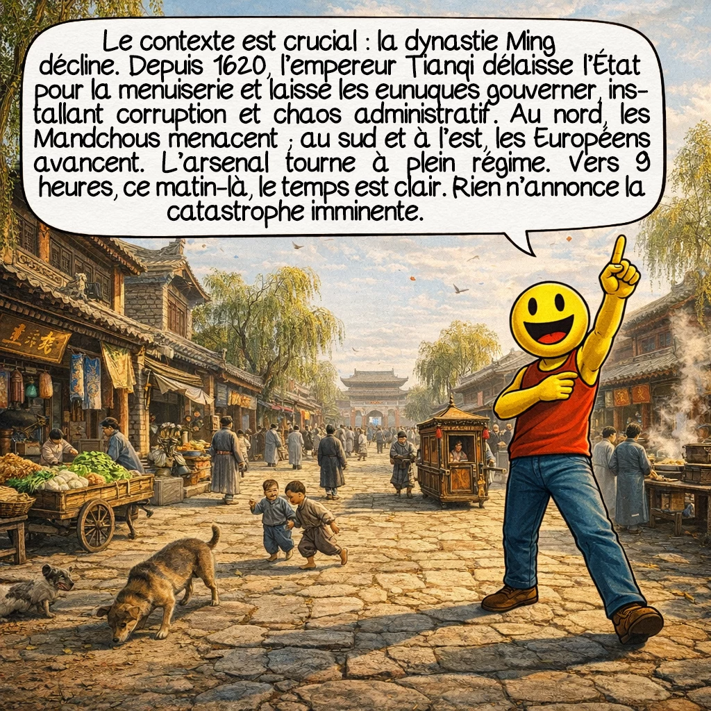 L’explosion de Wanggongchang, case 3 : Le contexte est crucial : la dynastie Ming décline depuis plusieurs décennies. L’empereur Tianqi, qui règne depuis 1620, préfère la menuiserie aux affaires d’État et laisse le pouvoir aux eunuques, créant corruption et chaos administratif. Au nord, les Mandchous menacent constamment les frontières. Au sud et à l’est, les Européens avancent. L’arsenal travaille à pleine capacité. Ce matin-là, vers 9 heures, le temps est clair et dégagé. Rien n’annonce la catastrophe imminente.