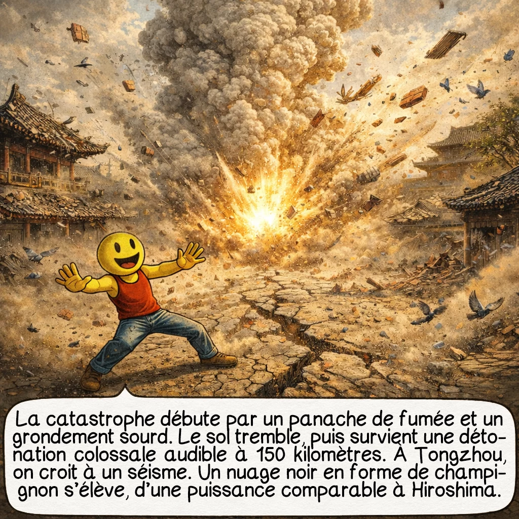 L’explosion de Wanggongchang, case 4 : La catastrophe débute par un panache de fumée s’élevant de l’arsenal, suivi d’un grondement sourd comparé à un tonnerre souterrain. Le sol tremble violemment, des fissures apparaissent. Puis une détonation colossale : le bruit est entendu jusqu’à 150 kilomètres de distance, au-delà de la Grande Muraille. Les soldats postés à Tongzhou, à 40 kilomètres à l’est, croient à un tremblement de terre. Un immense nuage noir en forme de champignon s’élève vers le ciel. La puissance estimée équivaut à 20 000 tonnes de TNT, comparable à la bombe atomique d’Hiroshima.
