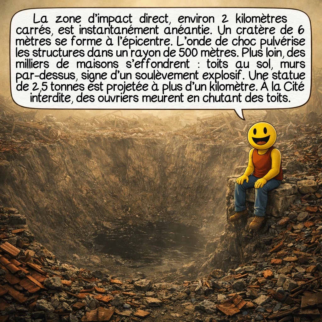 L’explosion de Wanggongchang, case 5 : La zone d’impact direct, environ 2 kilomètres carrés, est instantanément anéantie. Un cratère de 6 mètres de profondeur se forme à l’épicentre. L’onde de choc pulvérise les structures dans un rayon de 500 mètres. Plus loin, des milliers de maisons s’effondrent de manière étrange : les toits sont retrouvés au sol, enfouis sous les débris, les murs par-dessus, suggérant un soulèvement explosif plutôt qu’un simple effondrement gravitaire. Une statue pesant 2,5 tonnes est projetée à plus d’un kilomètre. À la Cité interdite, des ouvriers tombent mortellement des toits qu’ils réparaient.