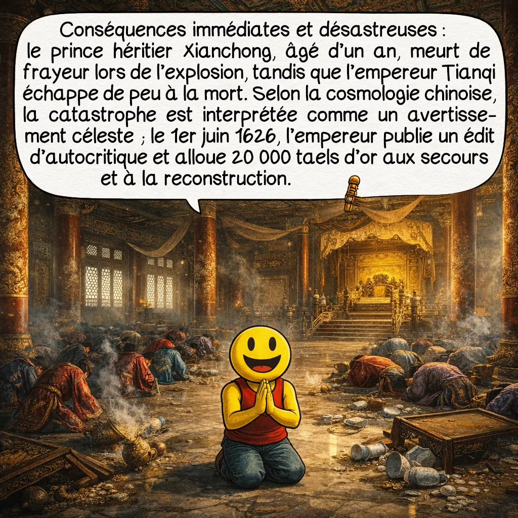 L’explosion de Wanggongchang, case 7 : Les conséquences politiques sont immédiates et désastreuses. Le prince héritier Xianchong, âgé d’un an seulement, meurt de frayeur durant l’explosion. L’empereur Tianqi échappe de peu à la mort en se réfugiant sous une table. Selon la cosmologie chinoise traditionnelle, les catastrophes naturelles sont des signes célestes manifestant le mécontentement du Ciel envers un mauvais gouvernement. L’empereur est contraint de publier un édit d’autocritique le 1er juin 1626, reconnaissant l’explosion comme un avertissement divin contre sa mauvaise gouvernance. Il alloue 20 000 taels d’or aux secours et à la reconstruction.