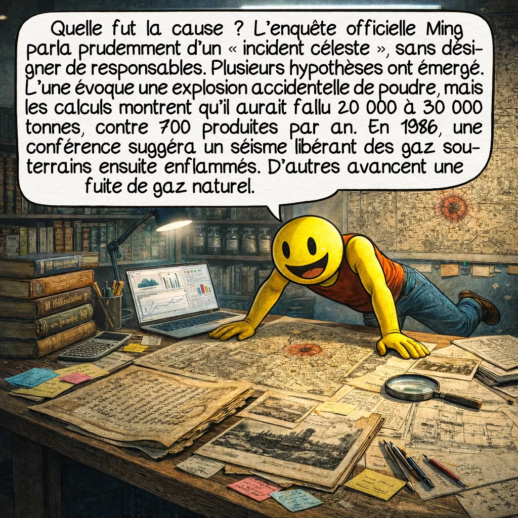 L’explosion de Wanggongchang, case 8 : Quelle fut la cause ? L’enquête officielle Ming conclut prudemment à un « incident céleste », évitant de blâmer des responsables. Plusieurs théories scientifiques ont émergé. La plus simple : explosion accidentelle de la poudre stockée, causée par une étincelle. Cependant, des calculs suggèrent qu’il aurait fallu 20 000 à 30 000 tonnes de poudre pour cette puissance, alors que la production annuelle n’était que de 700 tonnes. Une conférence scientifique en 1986 proposa un séisme libérant des gaz souterrains, qui auraient ensuite explosé. D’autres évoquèrent une fuite de gaz naturel.