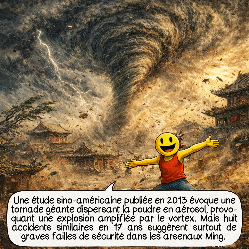 L’explosion de Wanggongchang, case 9 : La théorie la plus récente, publiée en 2013 par des chercheurs sino-américains, propose une explication fascinante : une tornade géante. Elle aurait aspiré et dispersé la poudre en aérosol, créant ainsi un mélange air-poudre hautement explosif dans le vortex. Une étincelle (foudre ?) aurait déclenché une explosion amplifiée par l’entonnoir de la tornade, comparable à une bombe à air-combustible. Cela expliquerait le nuage en champignon, les vêtements arrachés, les objets projetés à des kilomètres. Pourtant, d’autres explosions de poudrières se produisirent durant cette période : huit en 17 ans, suggérant surtout des problèmes récurrents de sécurité dans la gestion des arsenaux Ming.