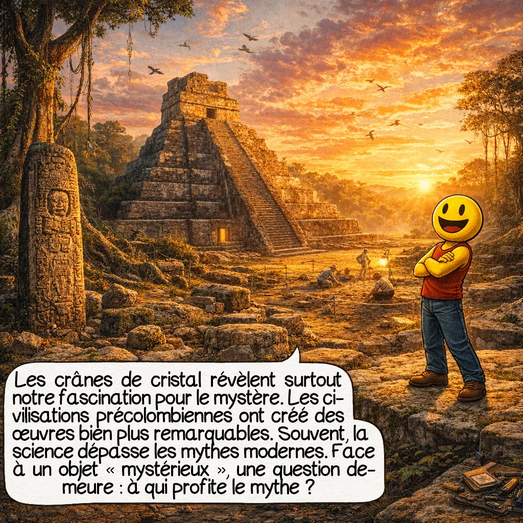 Les crânes de cristal, case 10 : Les crânes de cristal nous enseignent finalement une leçon précieuse sur notre rapport au mystère et à l’histoire. Les véritables civilisations précolombiennes ont produit des merveilles architecturales, astronomiques et artistiques bien plus fascinantes que n’importe quel crâne fabriqué à Paris. La réalité scientifique et archéologique est infiniment plus riche et passionnante que les mythes modernes. Alors, la prochaine fois que vous entendrez parler d’un objet « mystérieux » aux origines floues, posez-vous cette question : qui avait intérêt à entretenir ce mystère… et combien cela rapportait-il ?